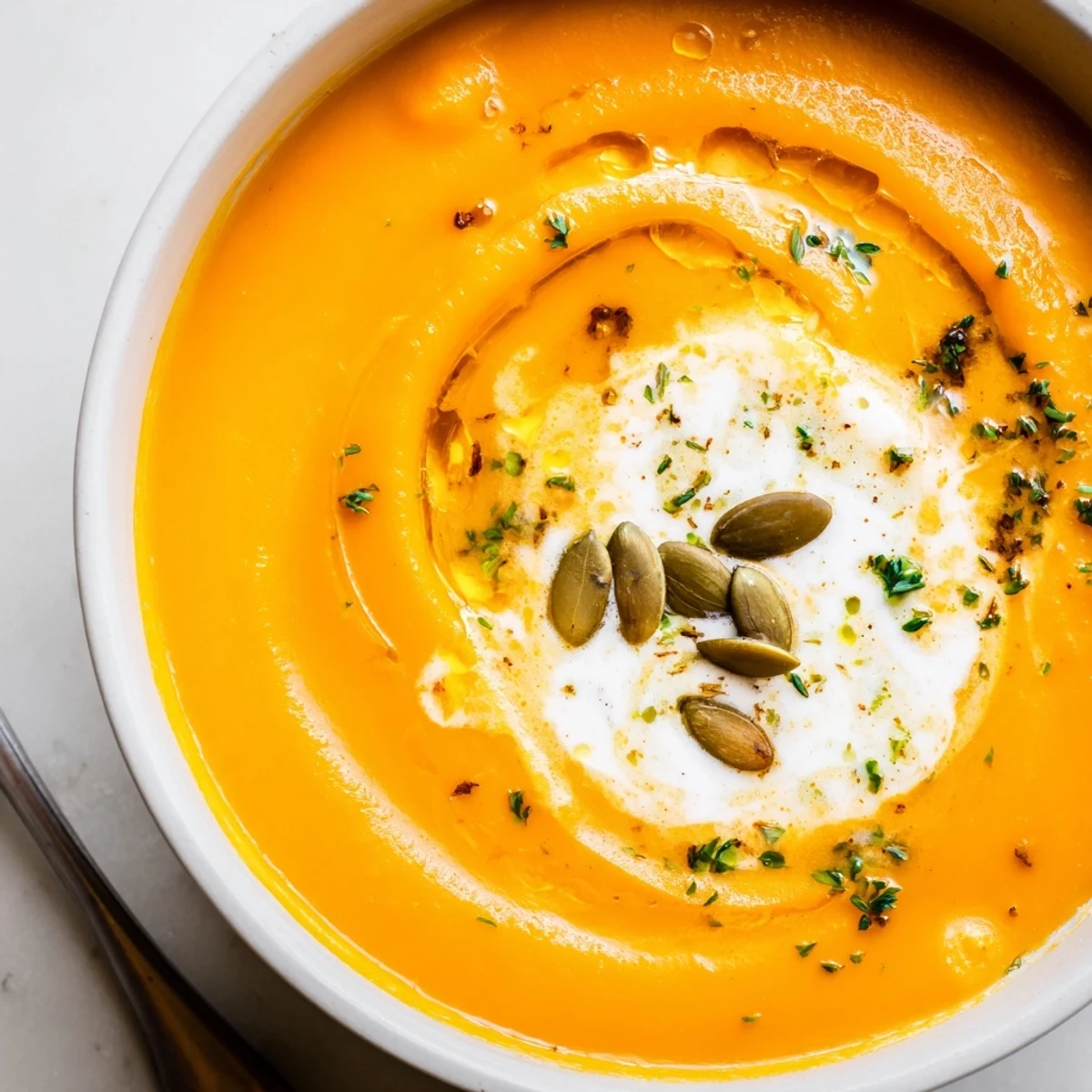 Velvety Carrot Soup with coconut cream swirl, served beside crusty bread