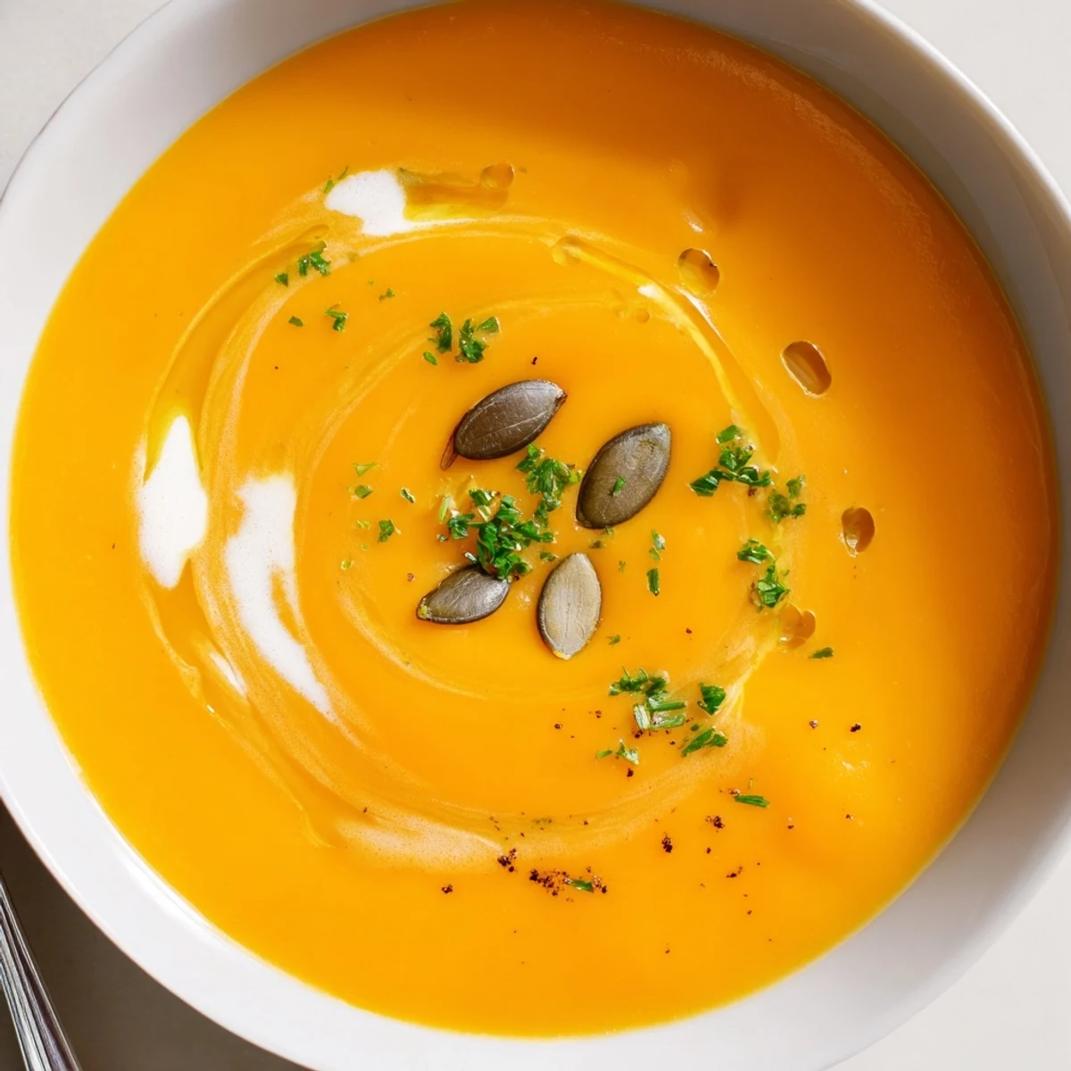 Bright Carrot Soup spiced with cumin and ginger, ladled into bowls
