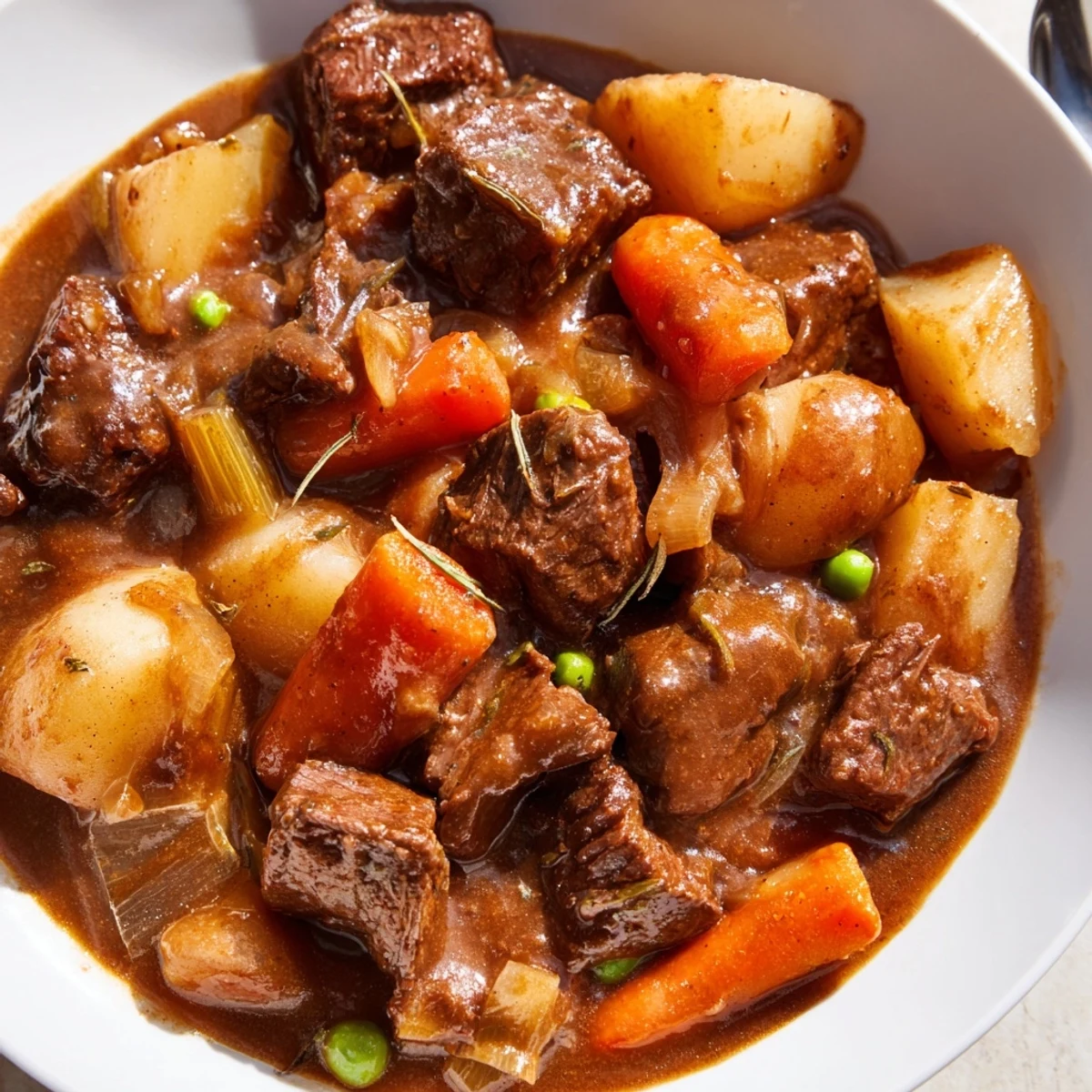 Beef Stew simmering in a Dutch oven, tender beef and glossy vegetables