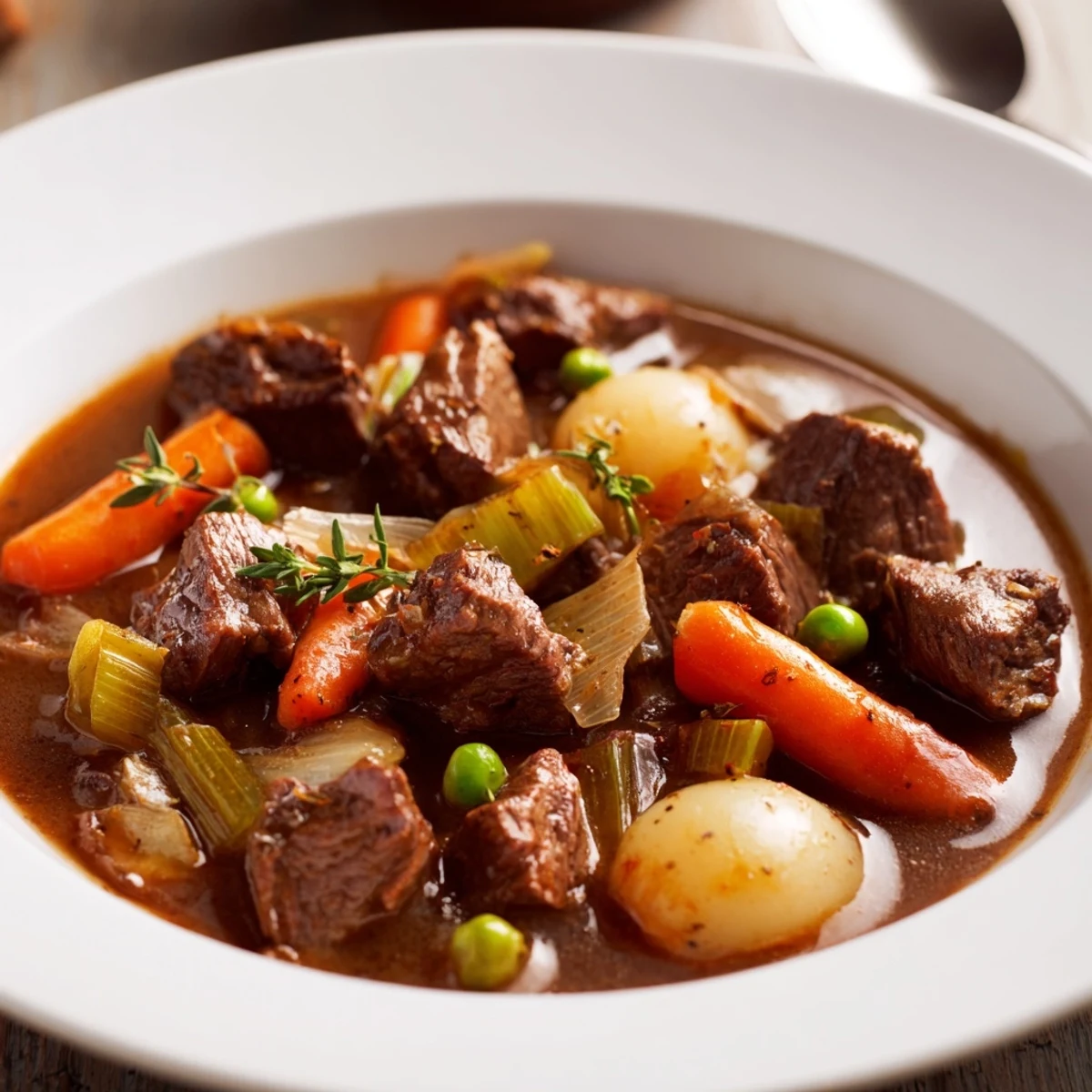 Slow-cooked Beef Stew steaming in bowl, robust broth, carrots, potatoes visible