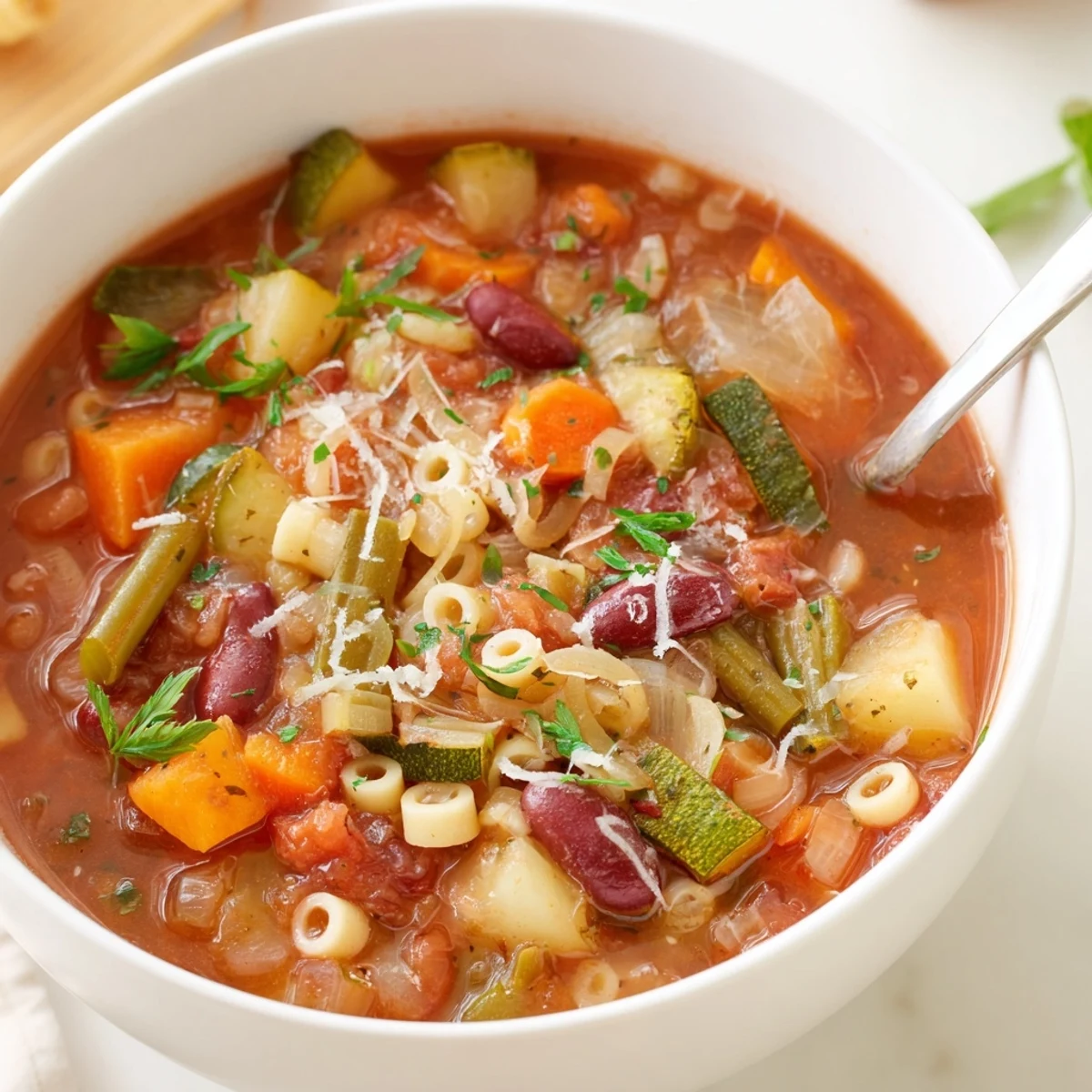 Steaming Minestrone Soup with tender vegetables, beans, and ditalini pasta  