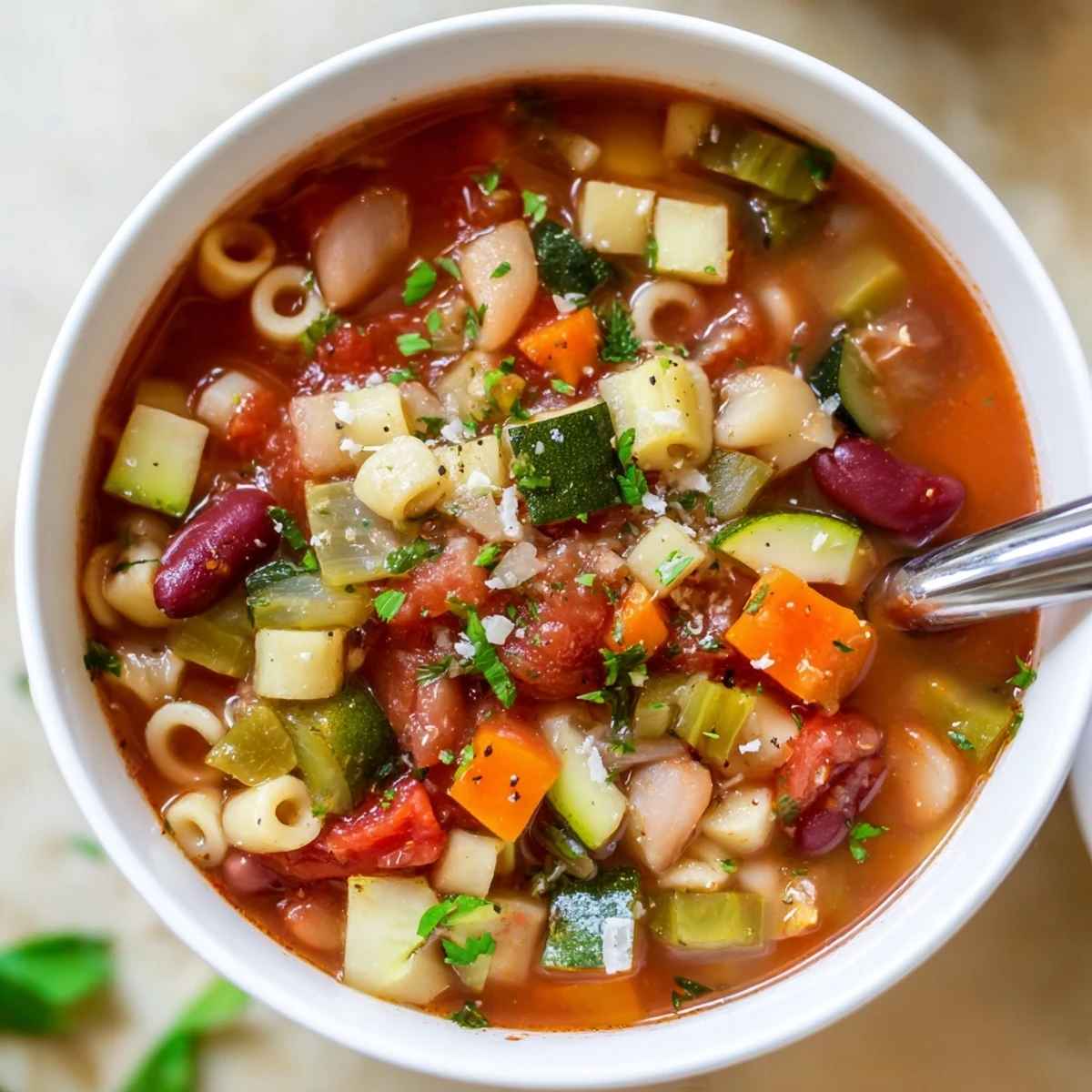 Hearty Minestrone Soup ladled into bowls, bright tomatoes and herbs  