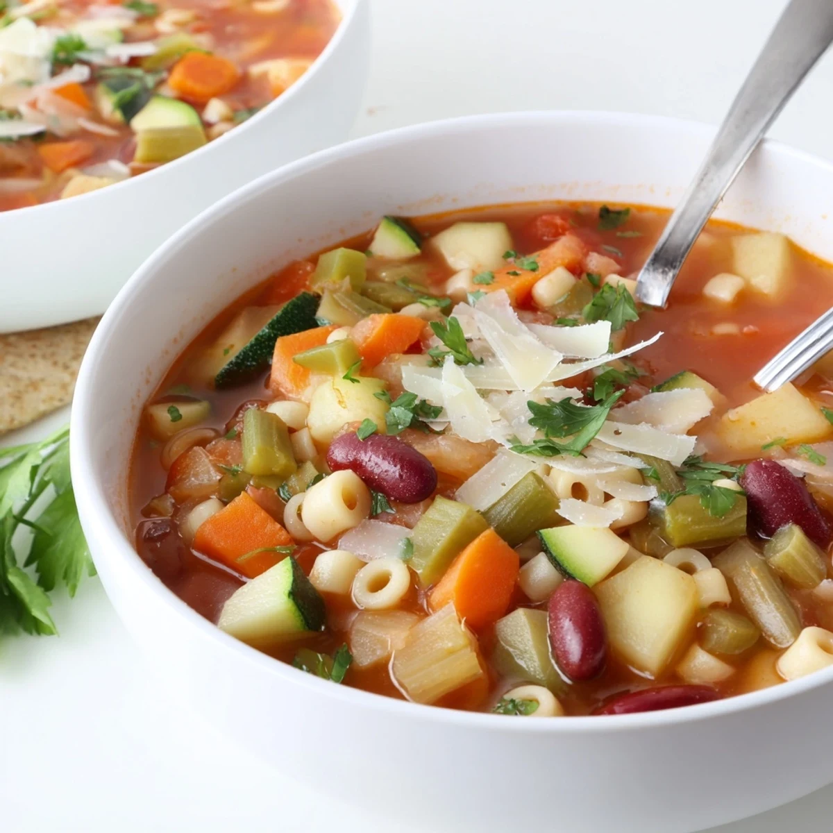 Classic homemade Minestrone Soup simmering in pot, aromatic garlic and oregano