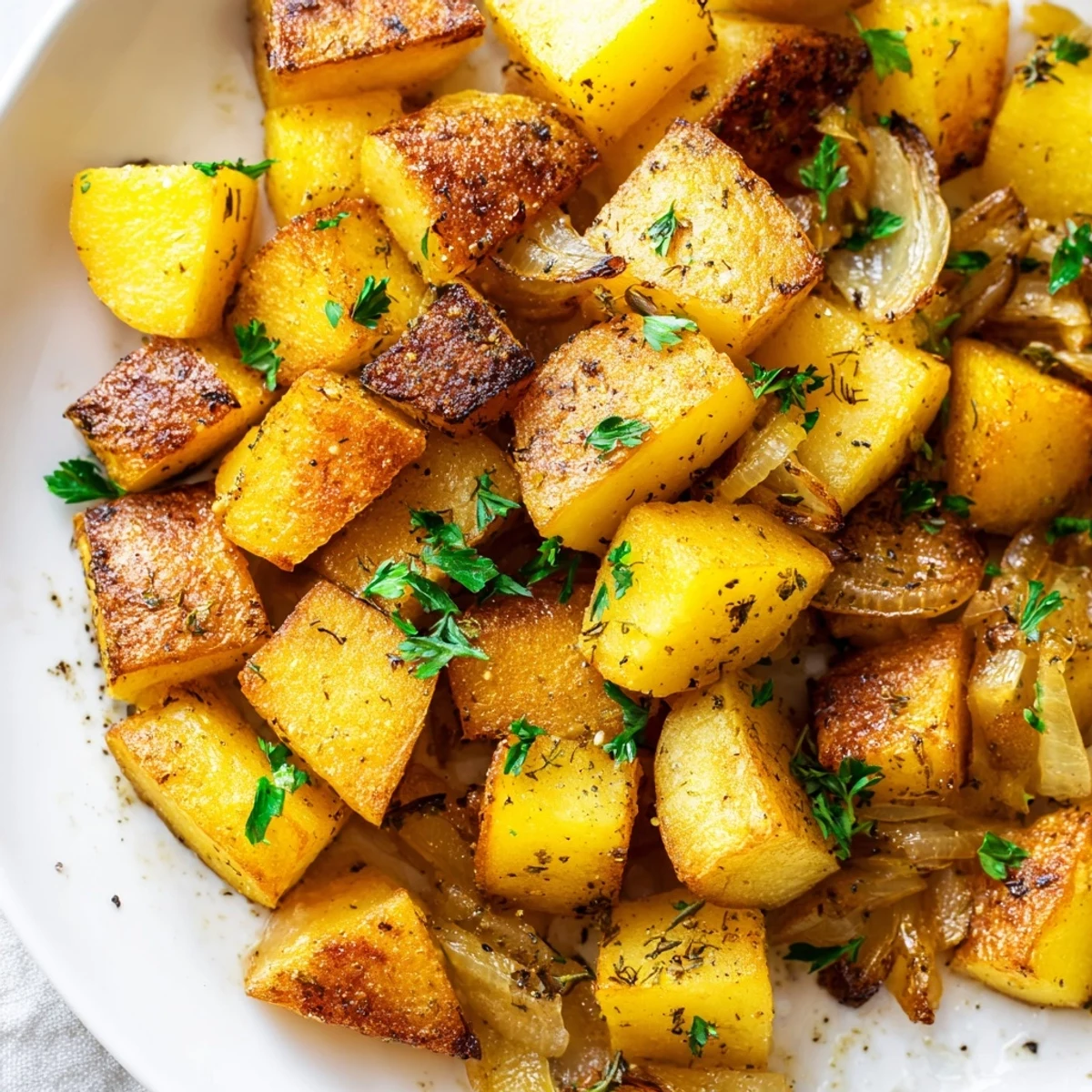 Crispy roasted potatoes and caramelized onions drizzled with olive oil and fresh thyme