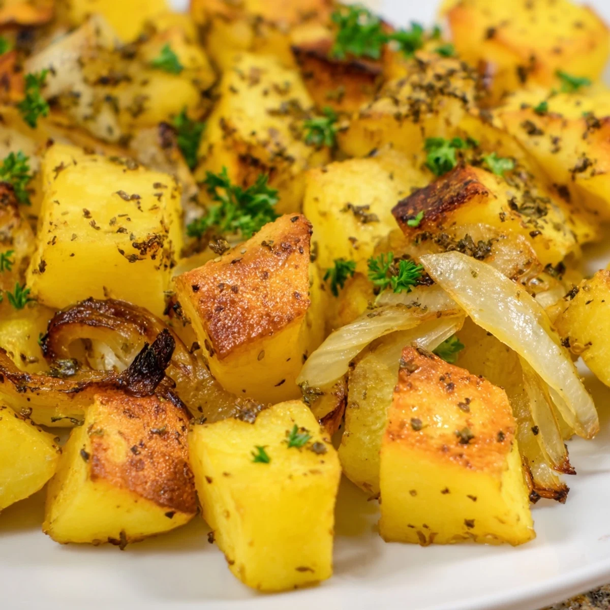 Golden roasted potatoes and onions seasoned with herbs on a white baking sheet