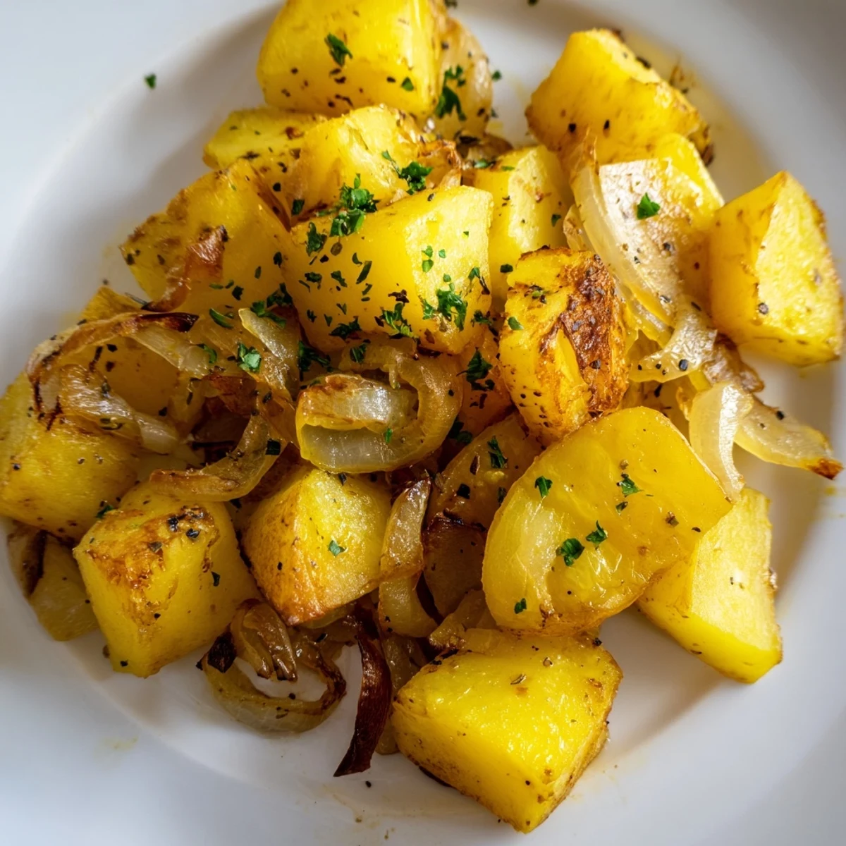 Comforting side dish of roasted potatoes and onions garnished with chopped green parsley