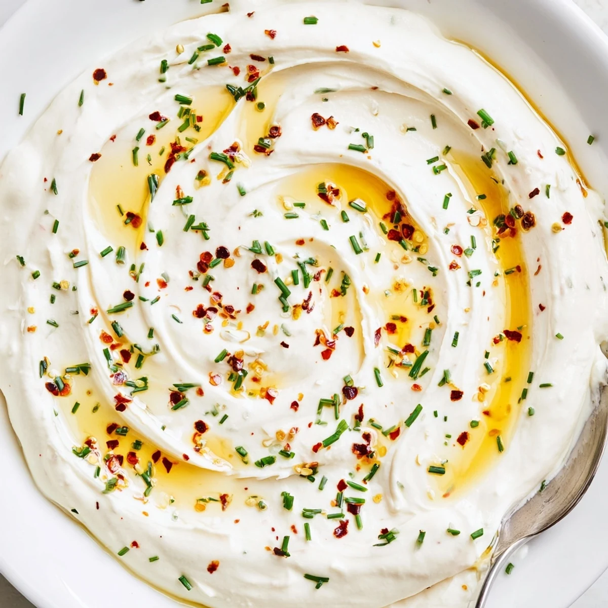 Creamy whipped feta dip topped with golden hot honey drizzle and fresh herbs