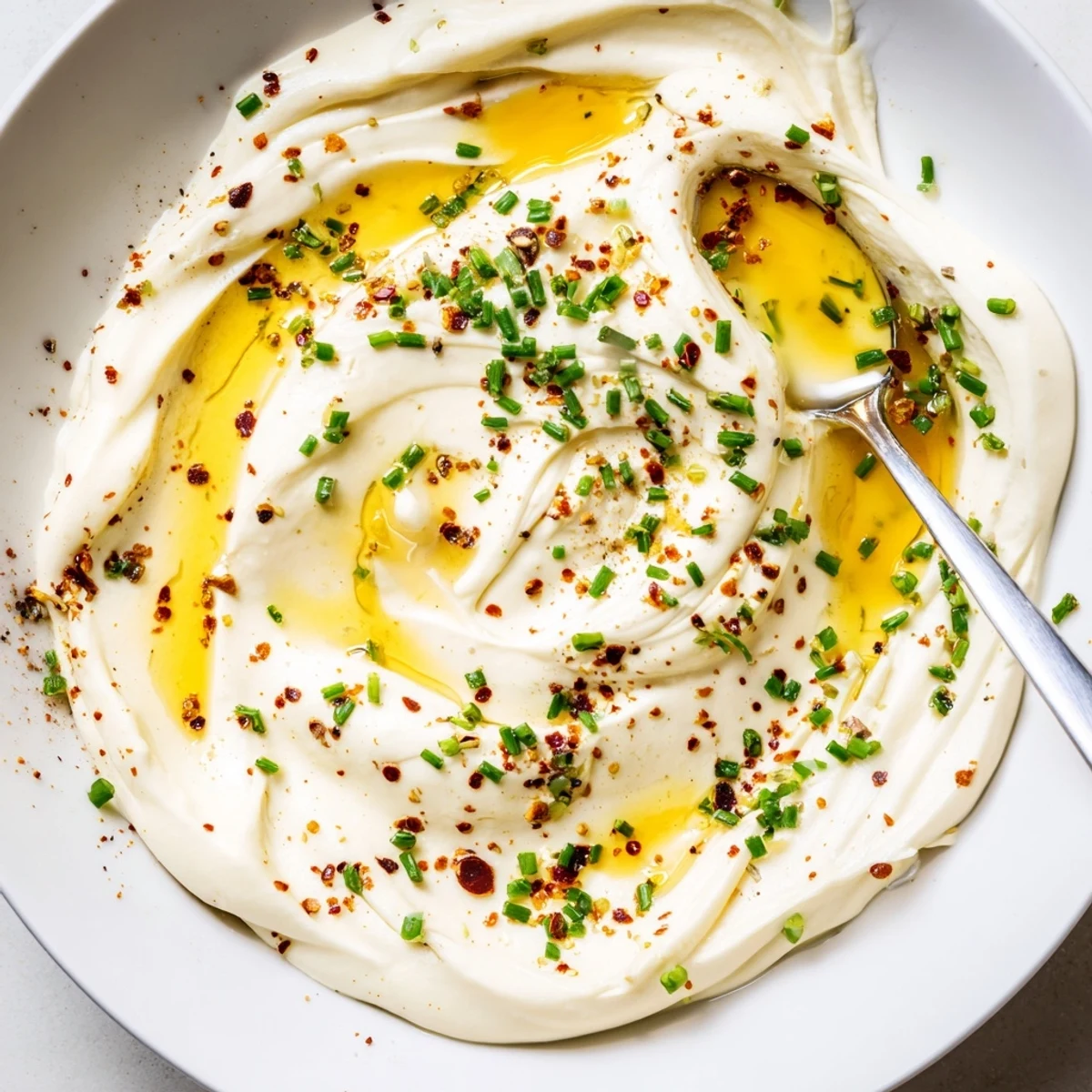White bowl of fluffy whipped feta garnished with red pepper flakes and honey