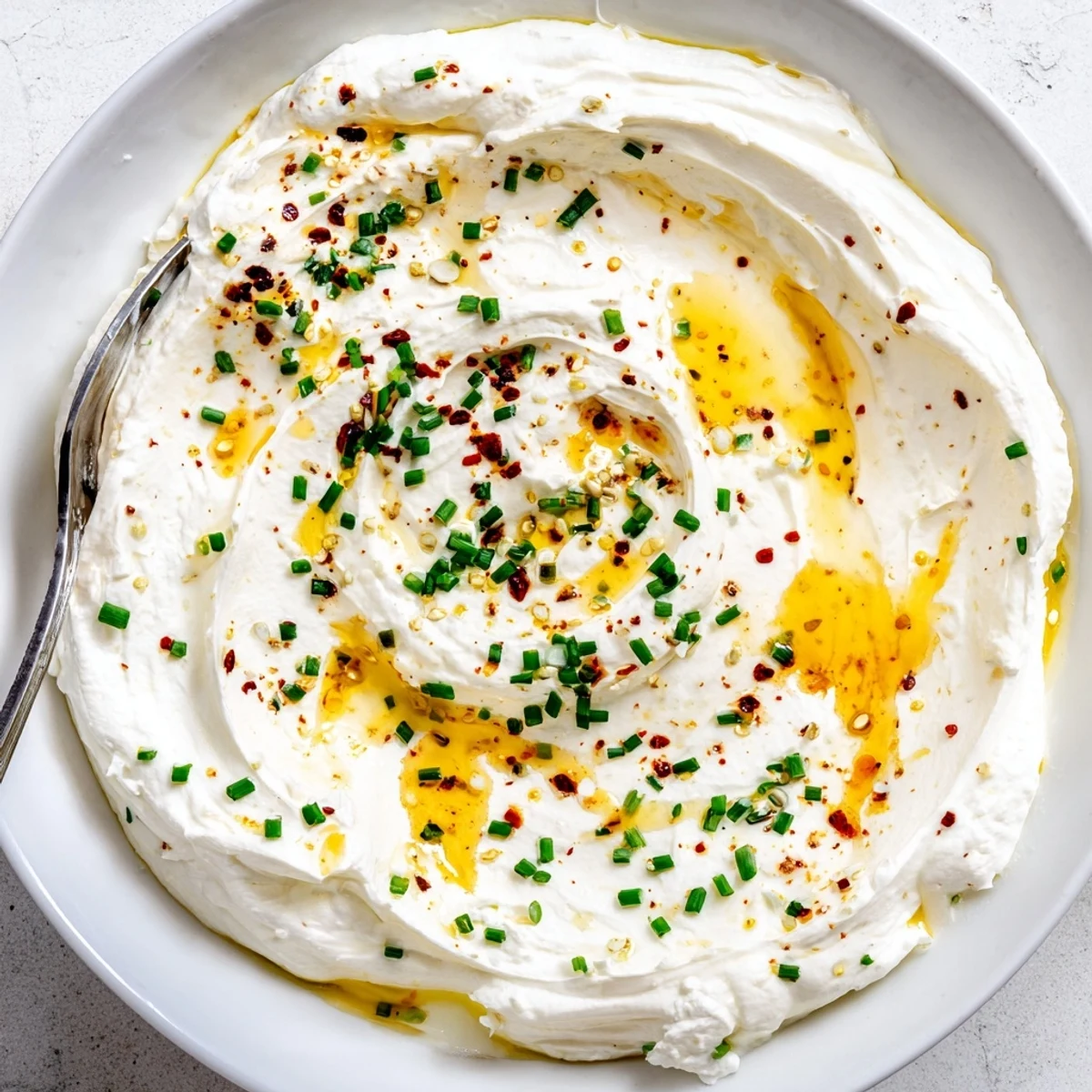 Smooth feta cheese spread swirled with spicy sweet honey served with crusty bread
