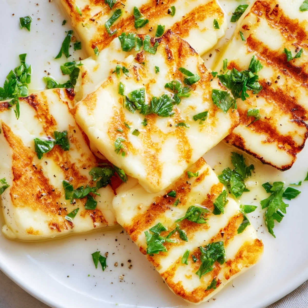 Golden pan fried halloumi cheese sizzling in a skillet with crispy edges and fresh herbs