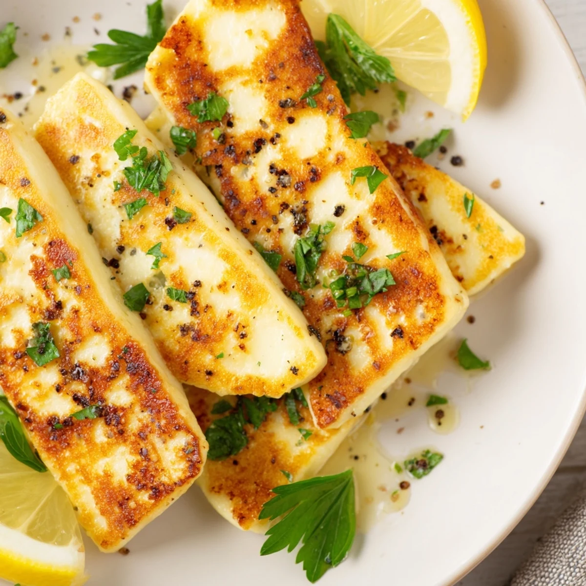 Mediterranean pan fried halloumi arranged on a white plate garnished with lemon wedges and parsley