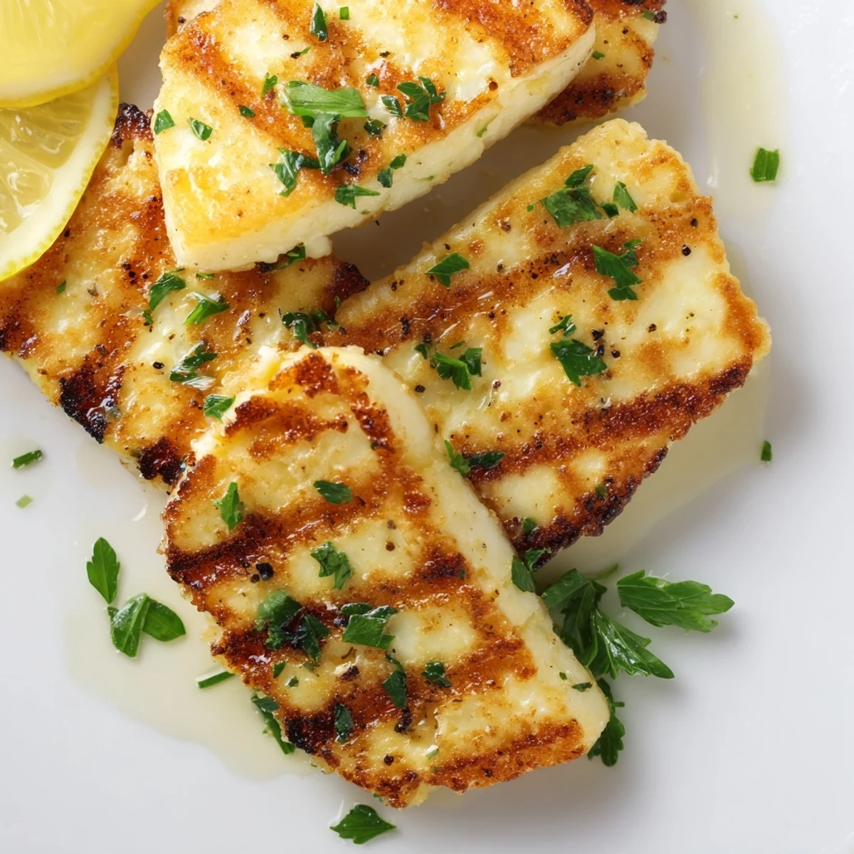 Savory pan fried halloumi slices with golden brown crusts ready to serve with black pepper