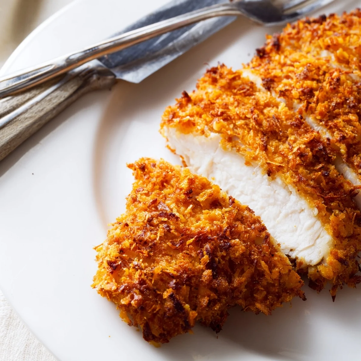 Golden brown fried chicken breast with crispy breadcrumb coating on white plate