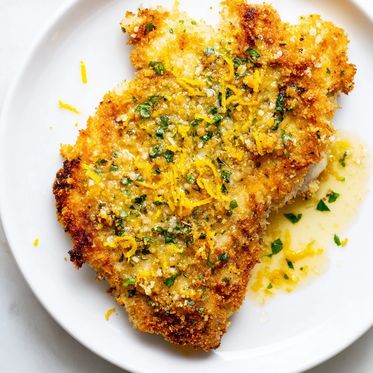 Pan-fried Lemon Chicken Romano cutlets drizzled with garlic butter sauce and fresh parsley