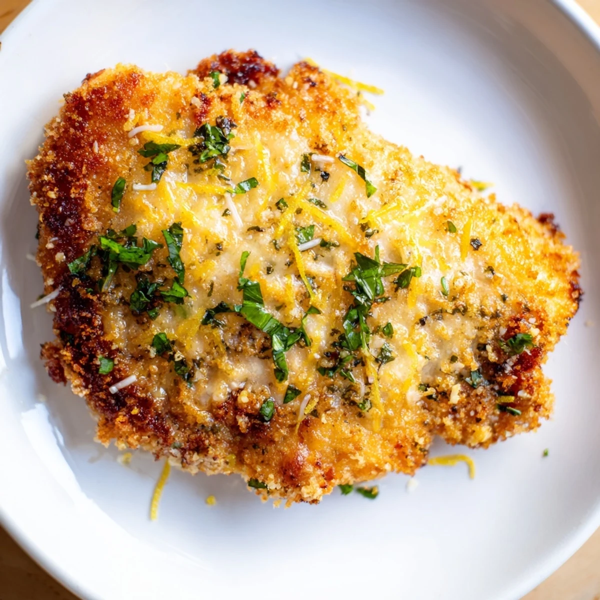 Italian-style Lemon Chicken Romano served on white plate with golden brown cheesy crust