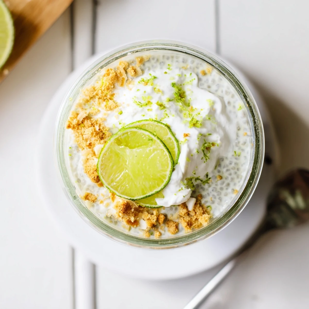 Creamy key lime chia pudding topped with whipped coconut cream and fresh lime zest garnish in a clear glass jar