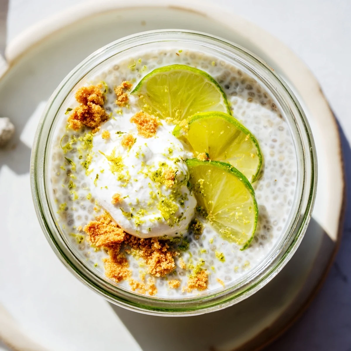 Vegan key lime chia pudding served with crushed graham crackers and citrus slices for a refreshing gluten-free dessert
