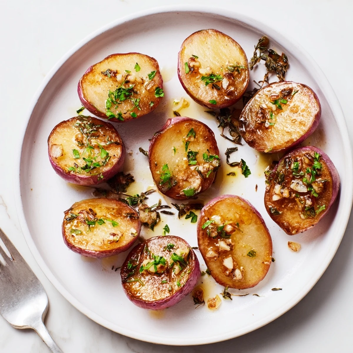 Golden brown garlic roasted radishes arranged on a white serving platter with fresh parsley garnish