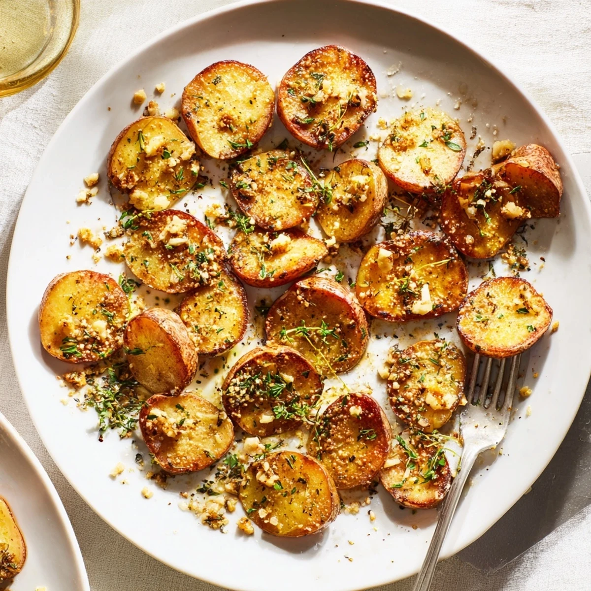 Savory oven-roasted radishes with golden edges, sprinkled with chopped parsley and served in a white bowl