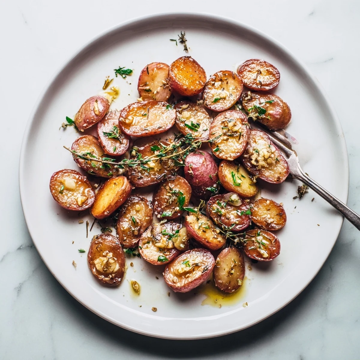 Tender caramelized radishes roasted with garlic and thyme, displayed on a parchment-lined baking sheet