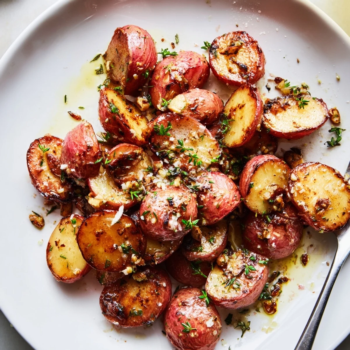 Garlic Roasted Radishes caramelized at edges, crisp-tender, bright lemon squeeze optional