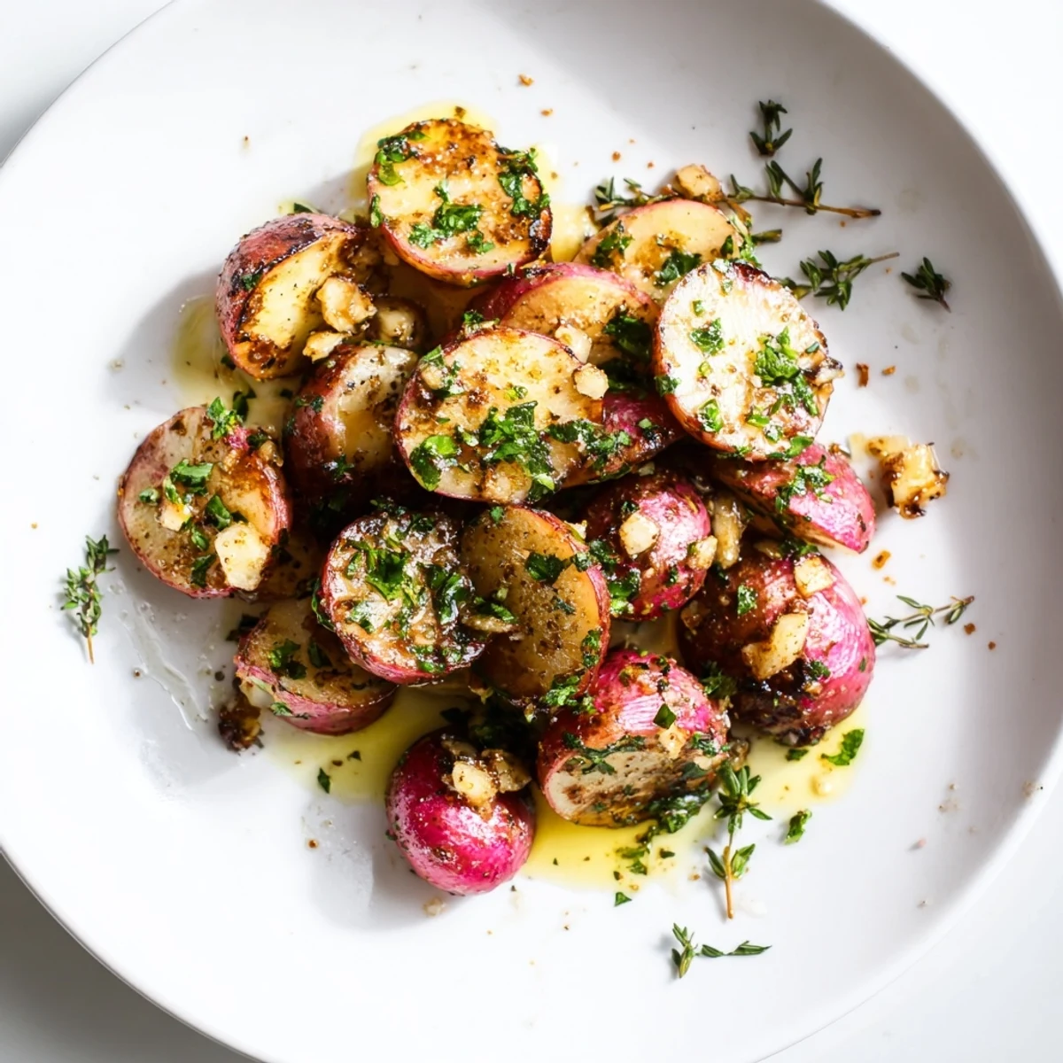 Oven-browned Garlic Roasted Radishes with aromatic herbs, perfect for weeknight sides