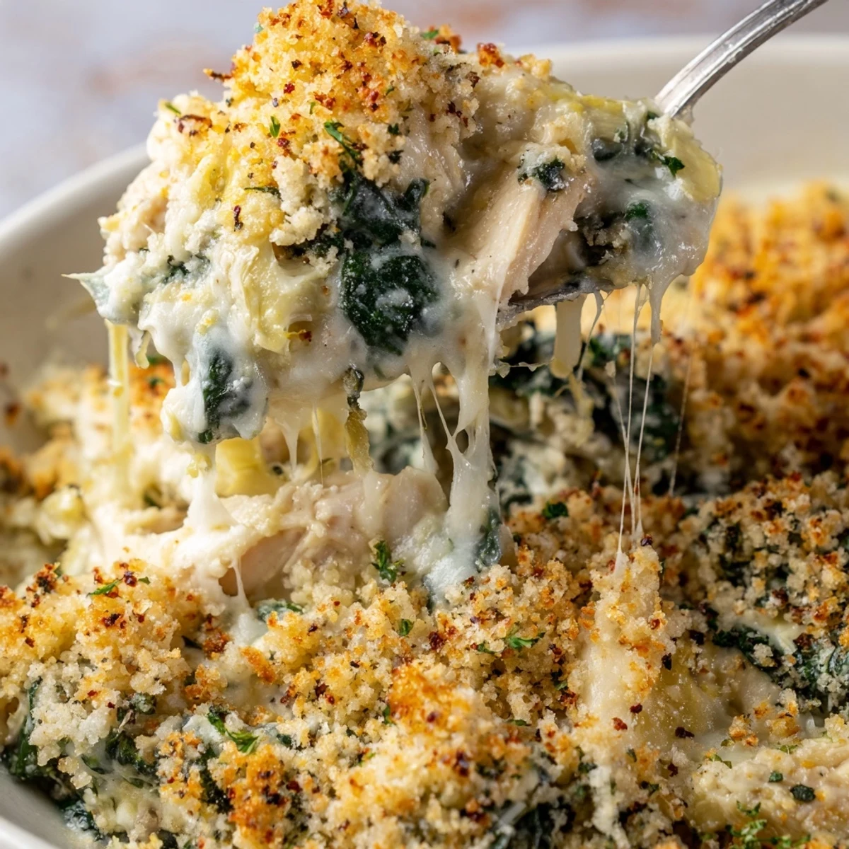 Bubbly Spinach Artichoke Chicken Casserole fresh from oven, golden cheesy top.