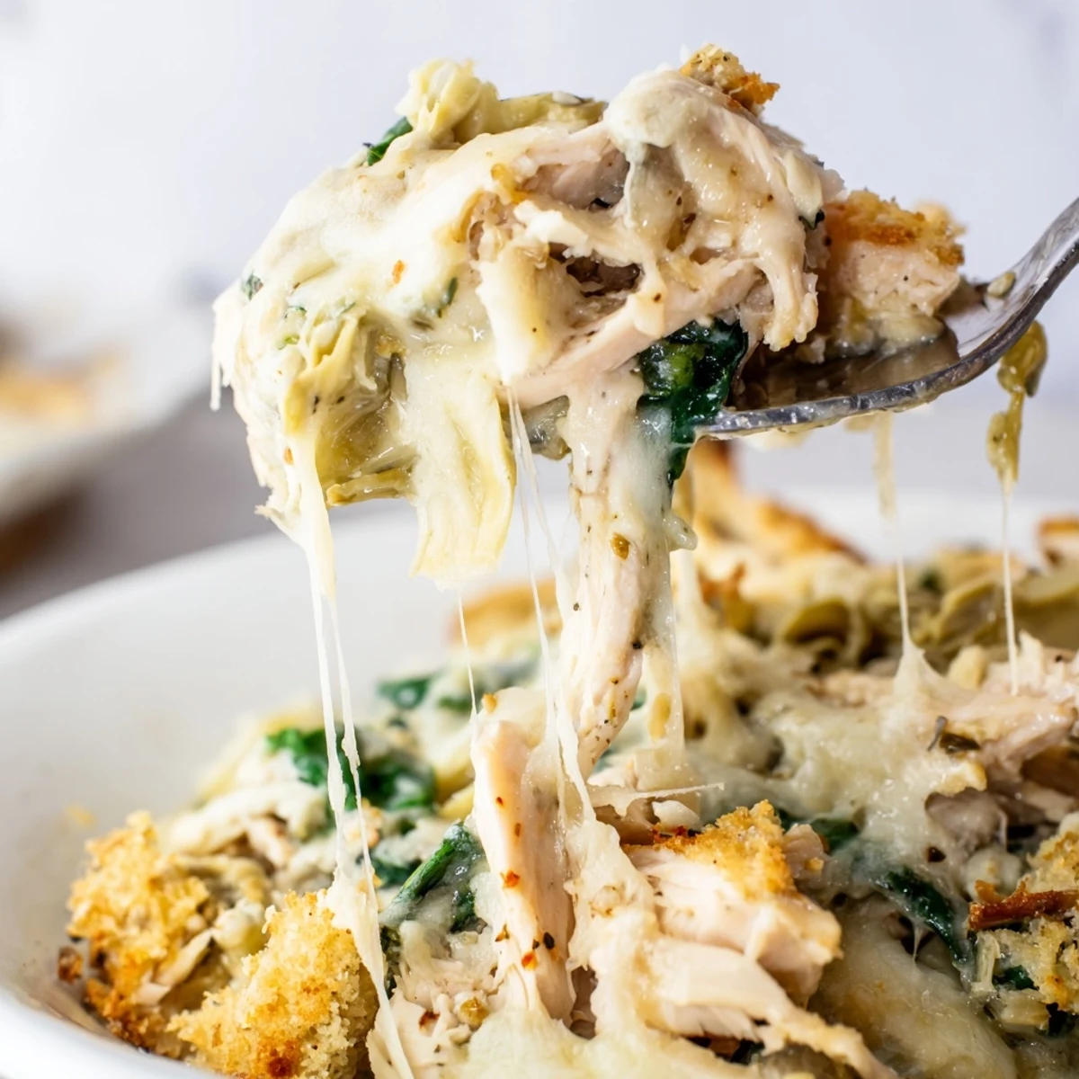 Creamy Spinach Artichoke Chicken Casserole served with crusty bread, steaming and ready.