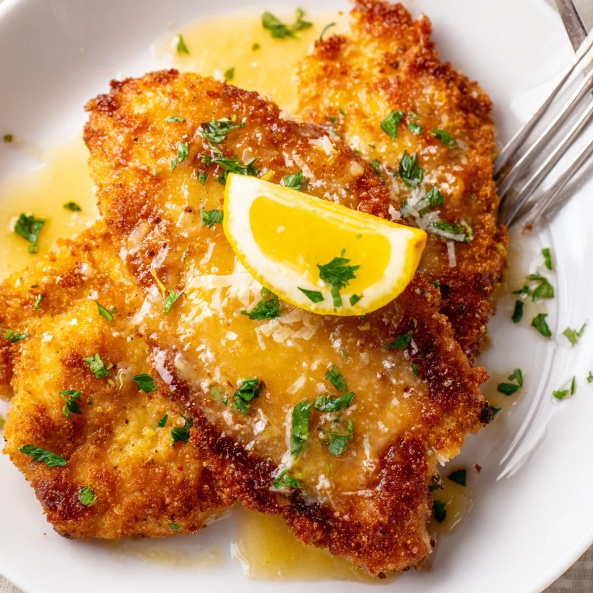 Crispy Lemon Chicken Romano served with angel hair pasta and lemon slices