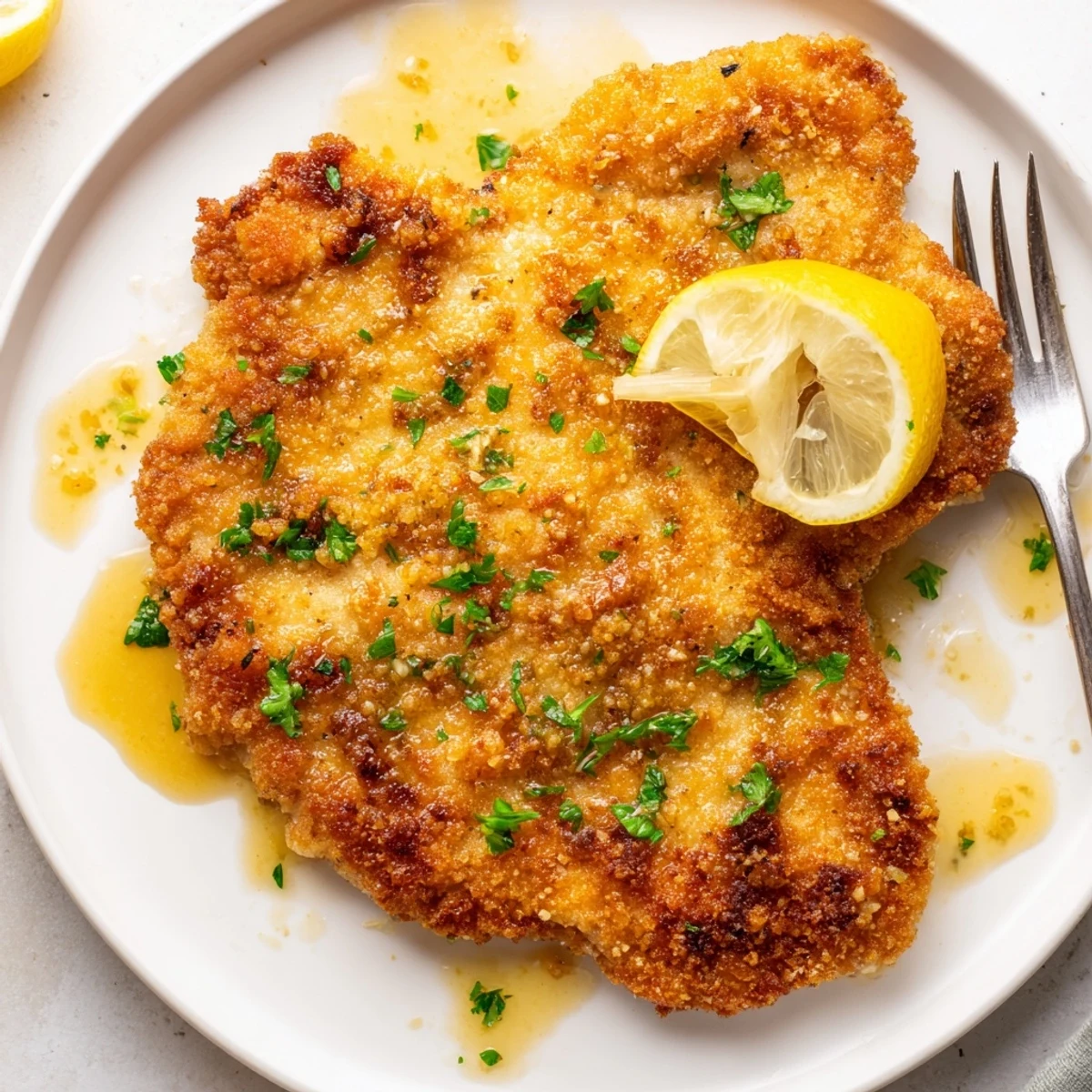 Pan-fried Lemon Chicken Romano resting on parsley, aroma of zesty lemon