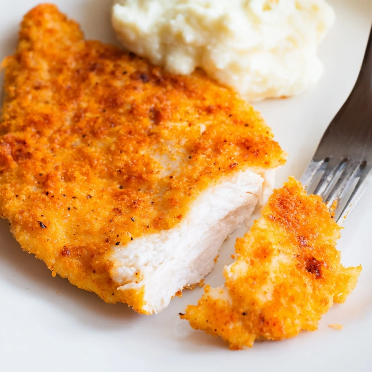 Fried Chicken Breast with golden-crisp crust, juicy interior, served with coleslaw.