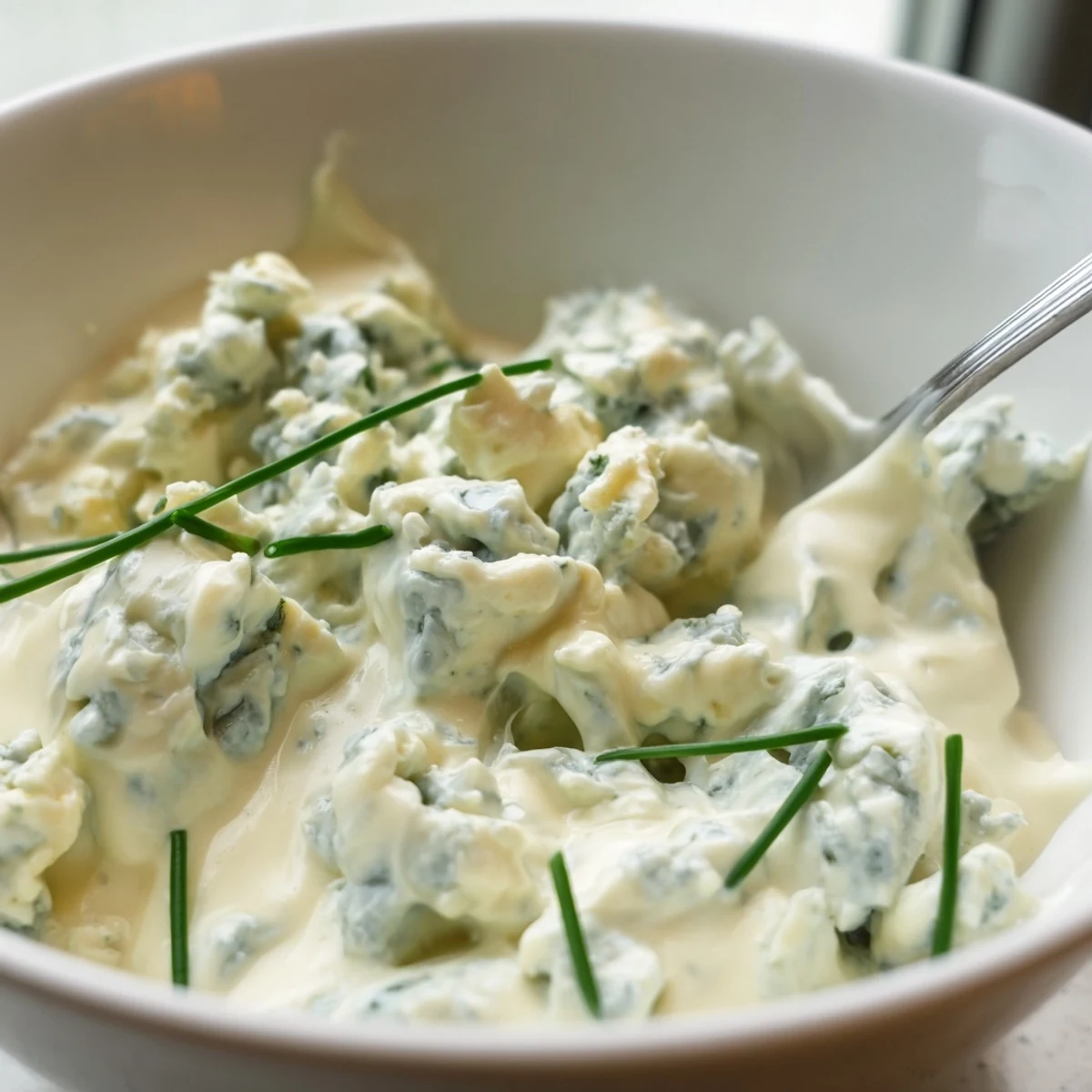 Creamy blue cheese dip in a rustic bowl surrounded by fresh celery and carrot sticks