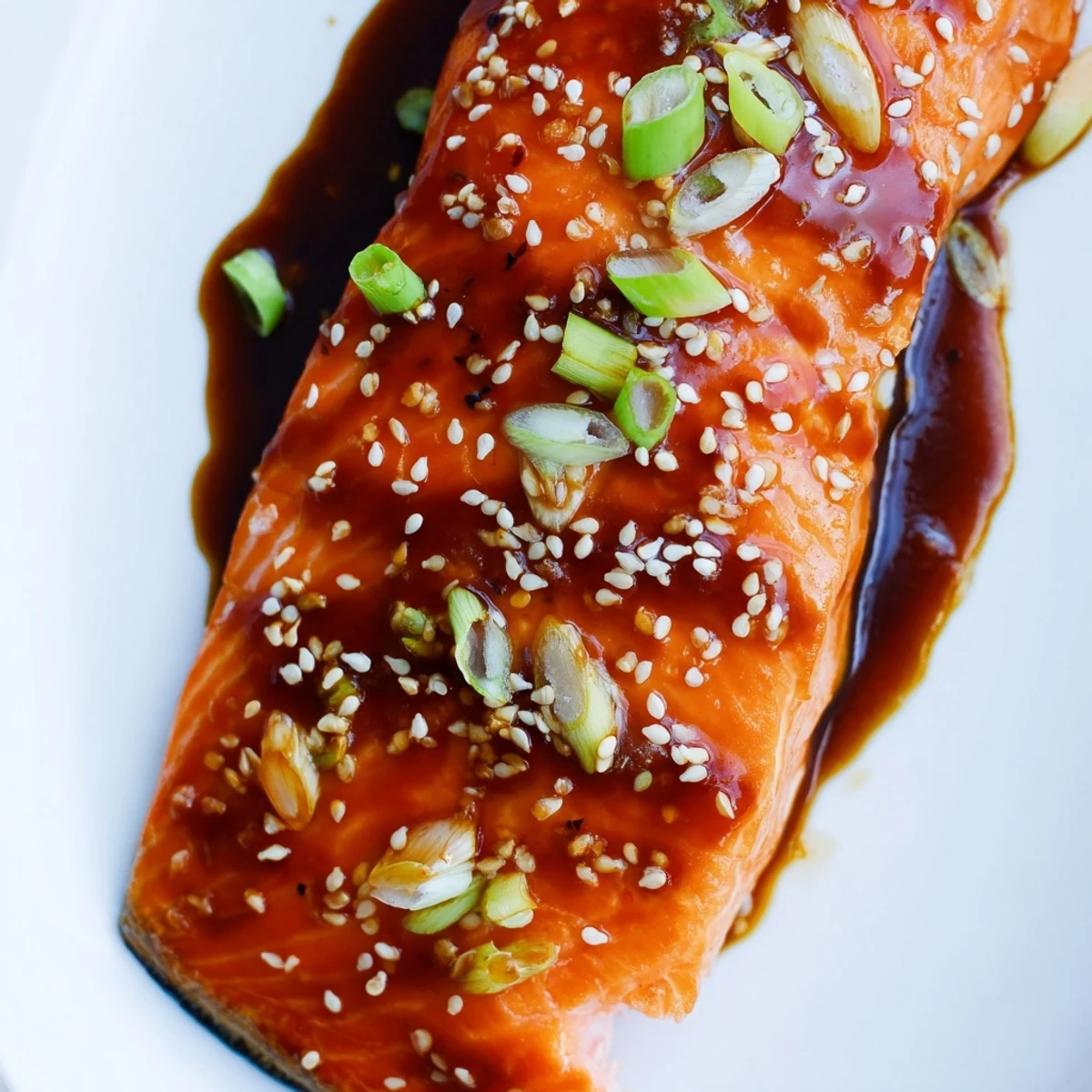 Golden baked gluten free teriyaki salmon topped with sesame seeds and sliced green onions on a white plate