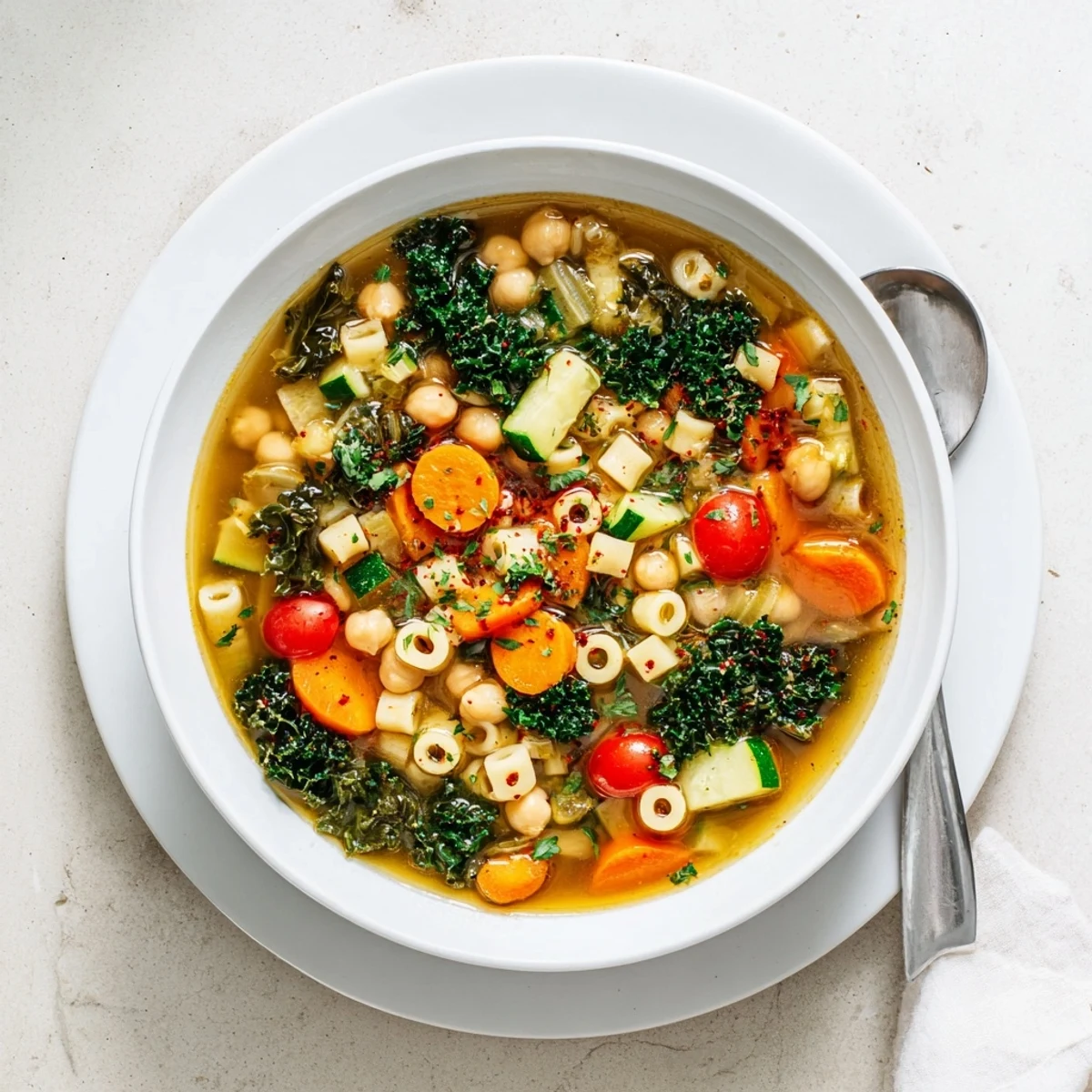 Steaming bowl of Vegan Italian Penicillin Soup brimming with colorful diced vegetables and tender pasta