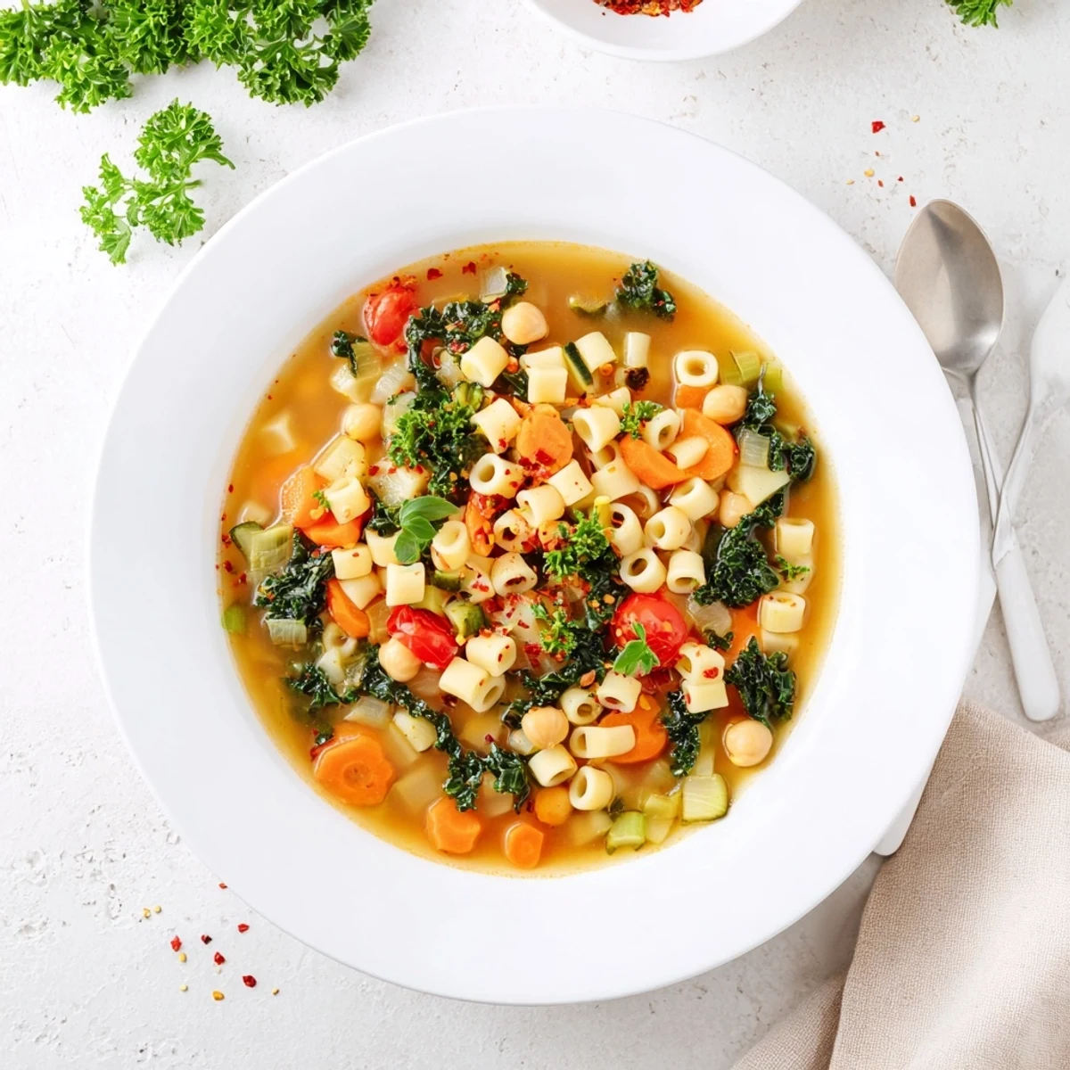 Vegan Italian Penicillin Soup ladled into a rustic mug topped with fresh parsley and crusty bread