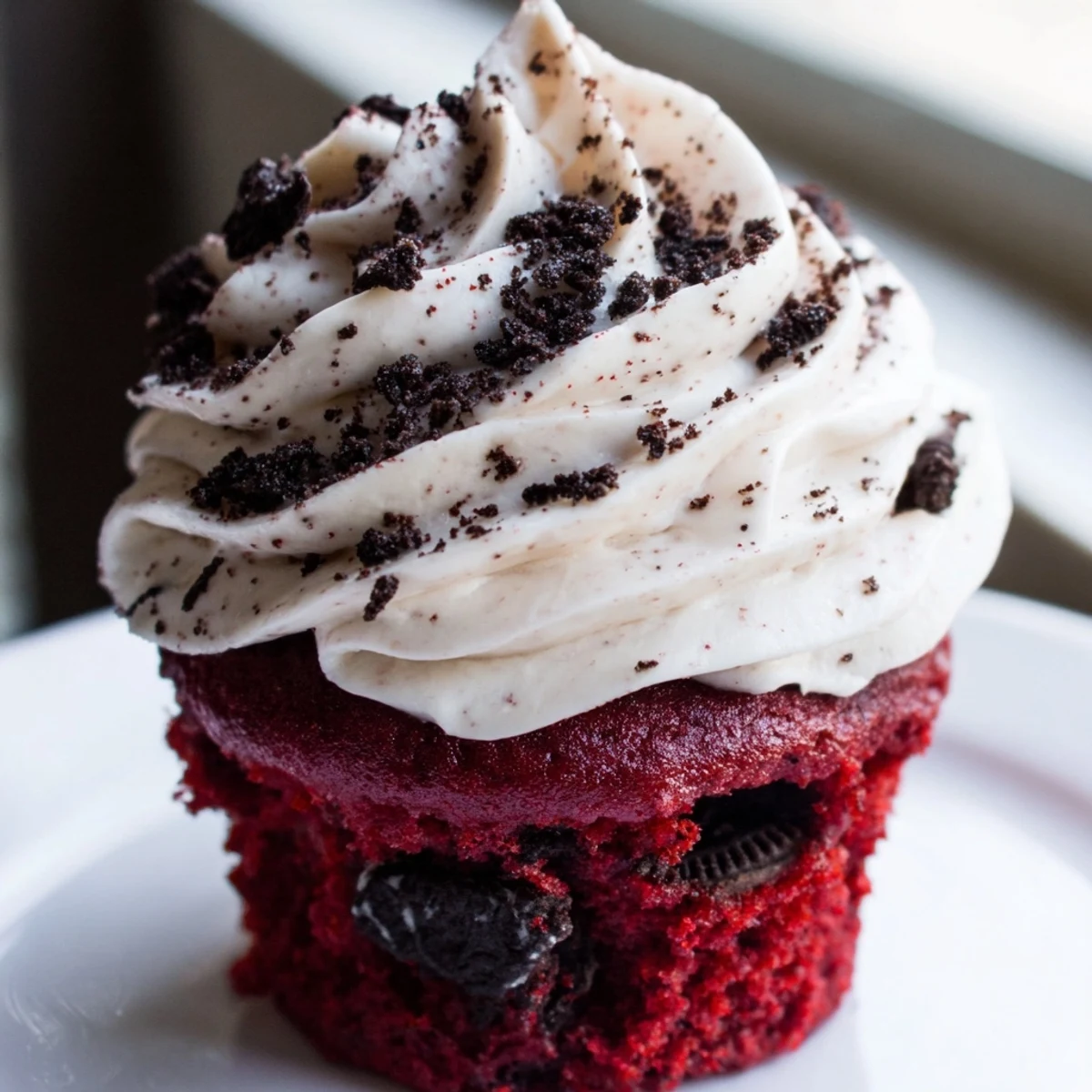 Decadent Red Velvet Oreo Cupcakes piled high with fluffy cookies and cream frosting