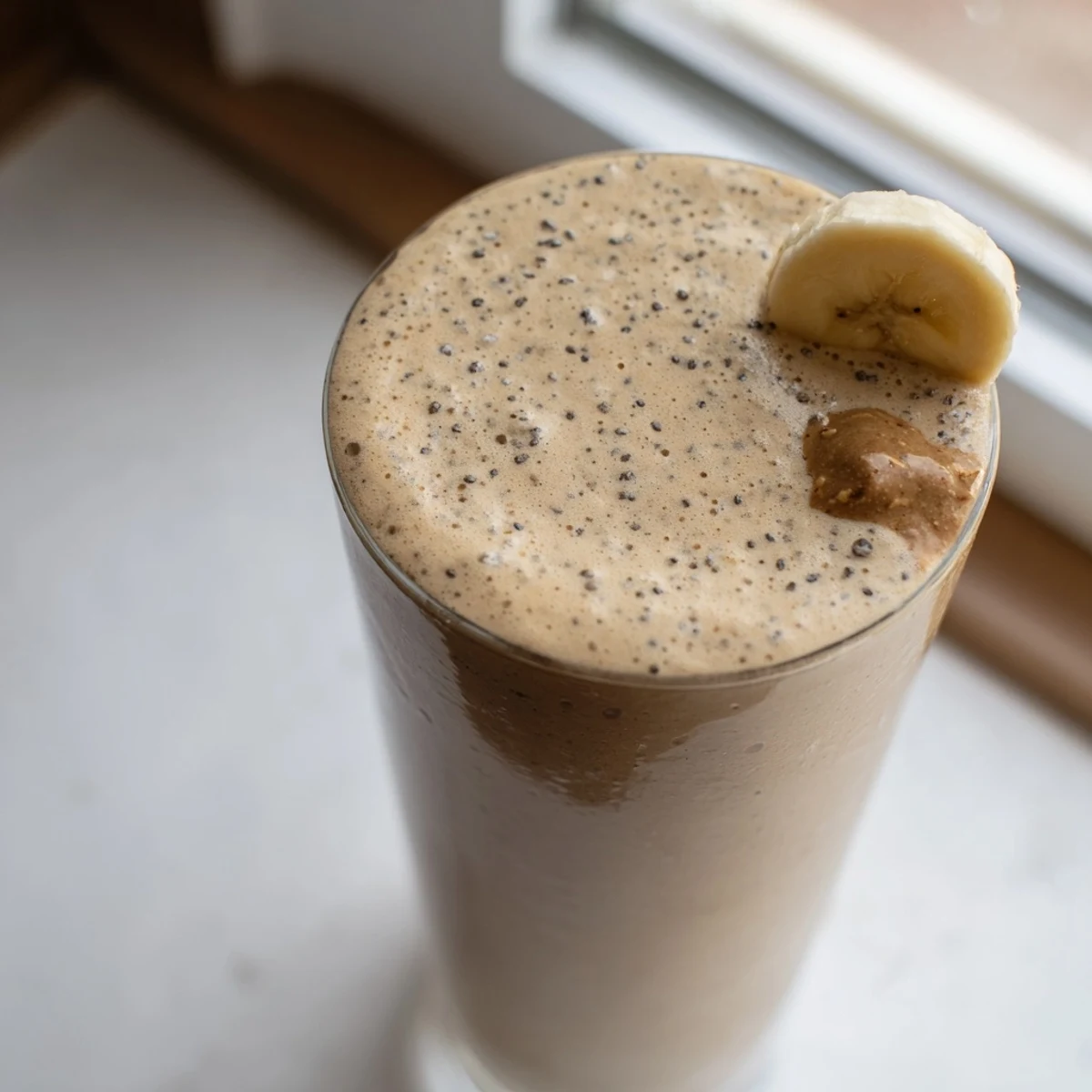 Thick frothy banana protein coffee smoothie served in a mason jar with a straw