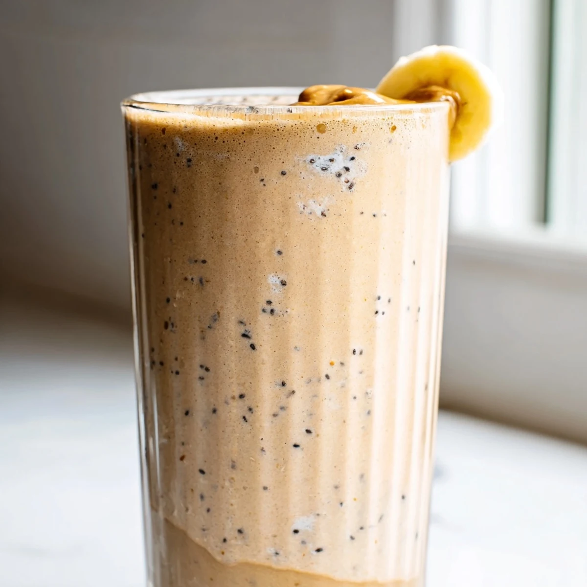 Chilled banana protein coffee smoothie blended smooth alongside fresh banana slices and espresso