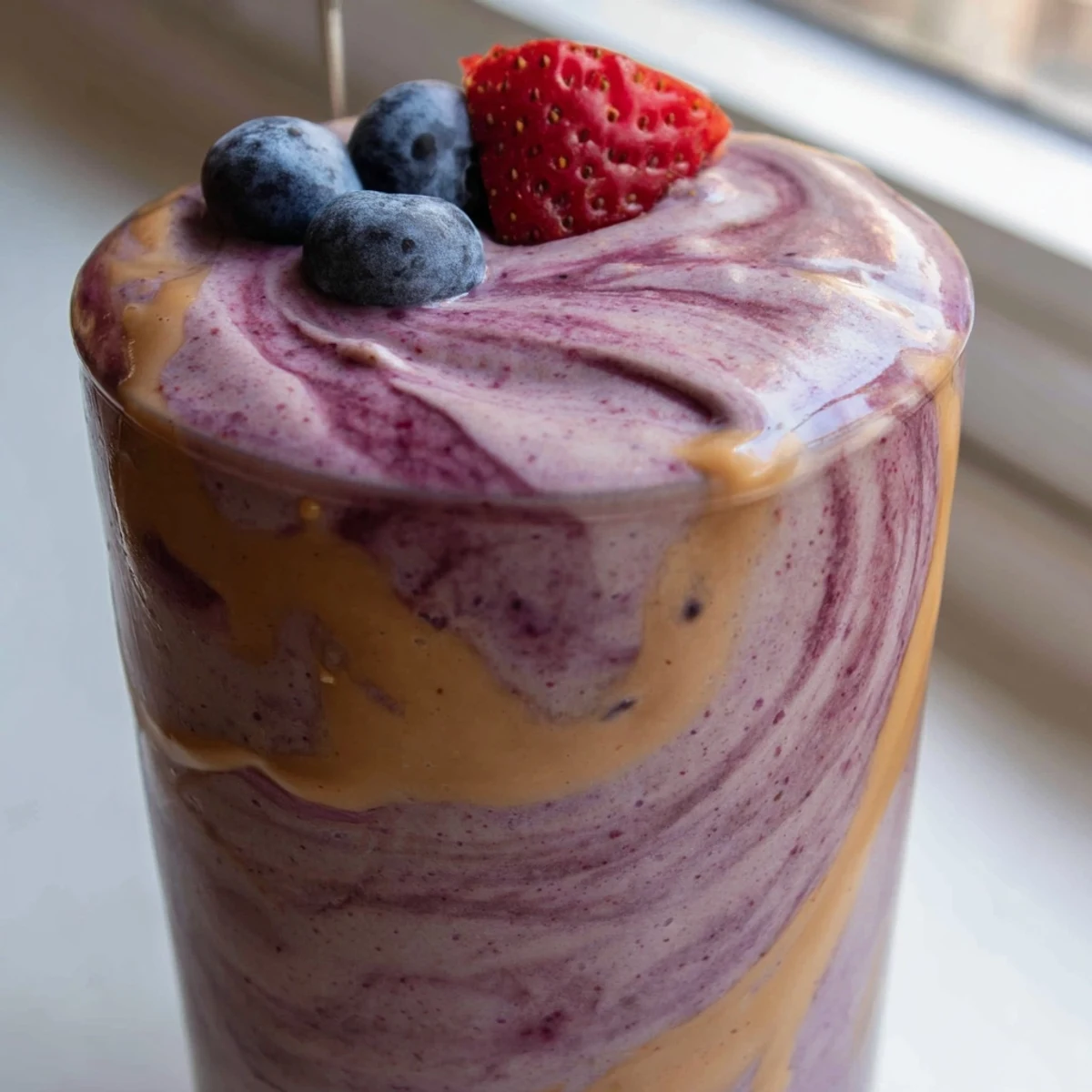 Thick purple peanut butter berry smoothie poured into a glass topped with fresh strawberries