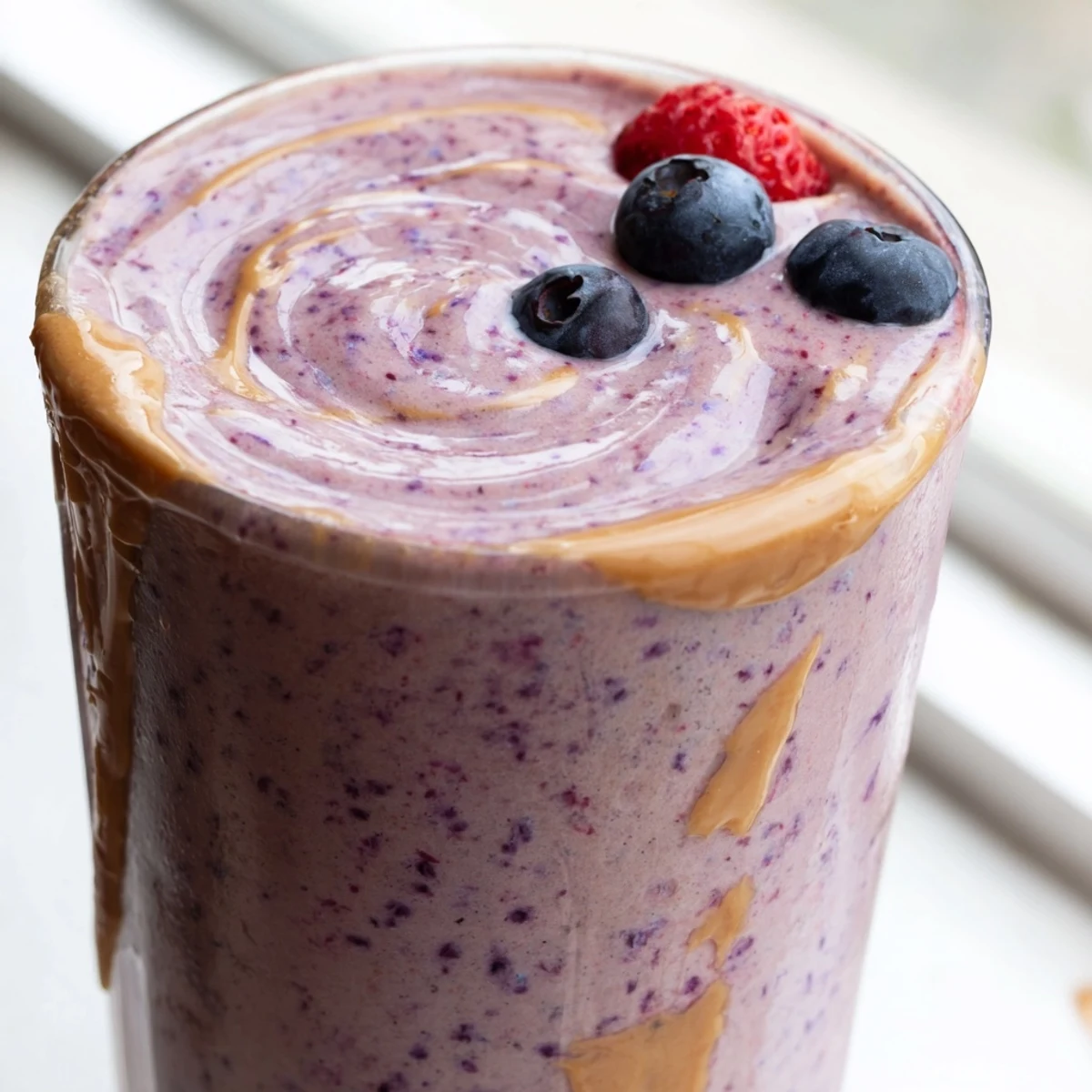 Chilled peanut butter berry smoothie garnished with a strawberry slice beside a spoon of peanut butter