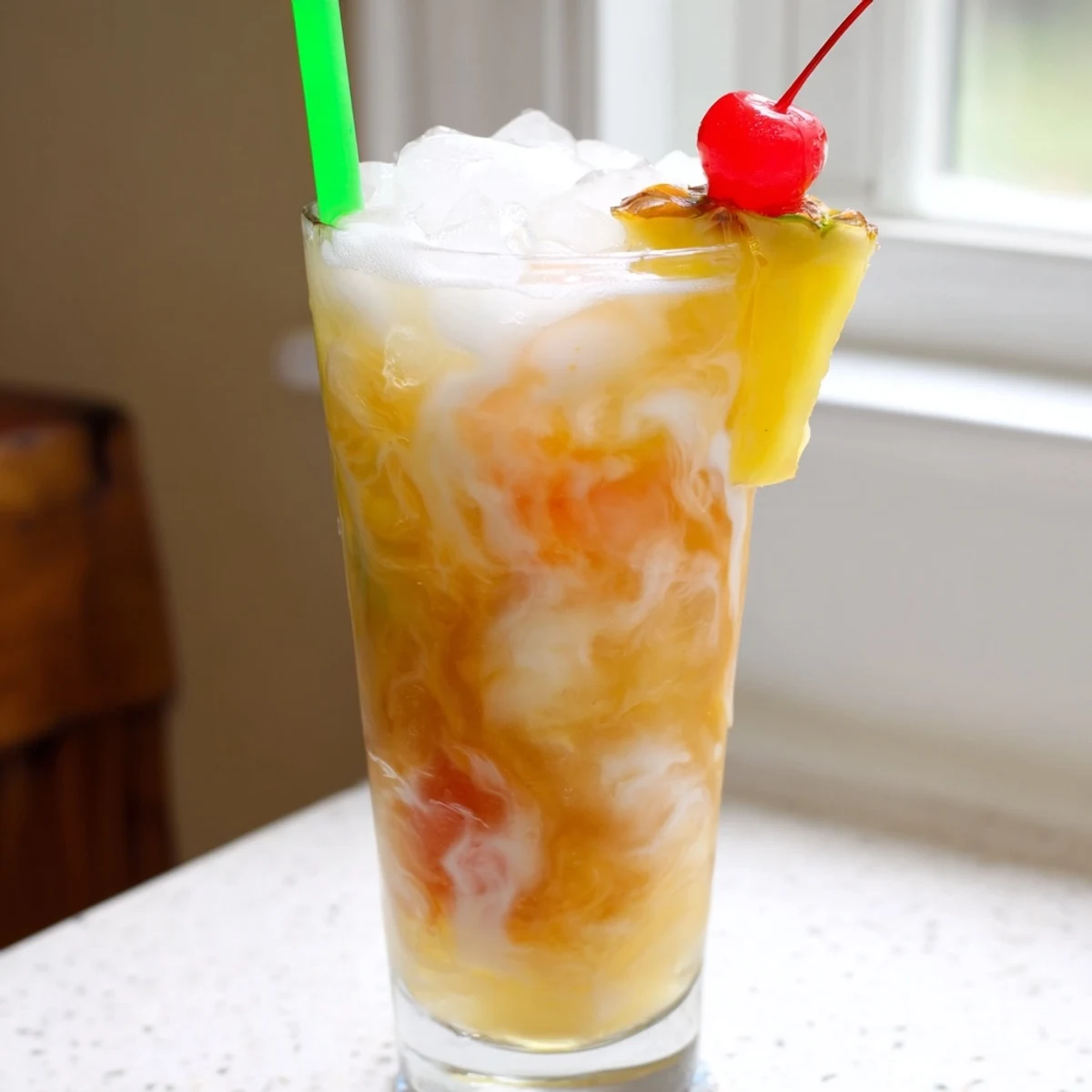 Tropical Thunder Dirty Soda in tall glasses with creamy swirls and fresh pineapple garnish