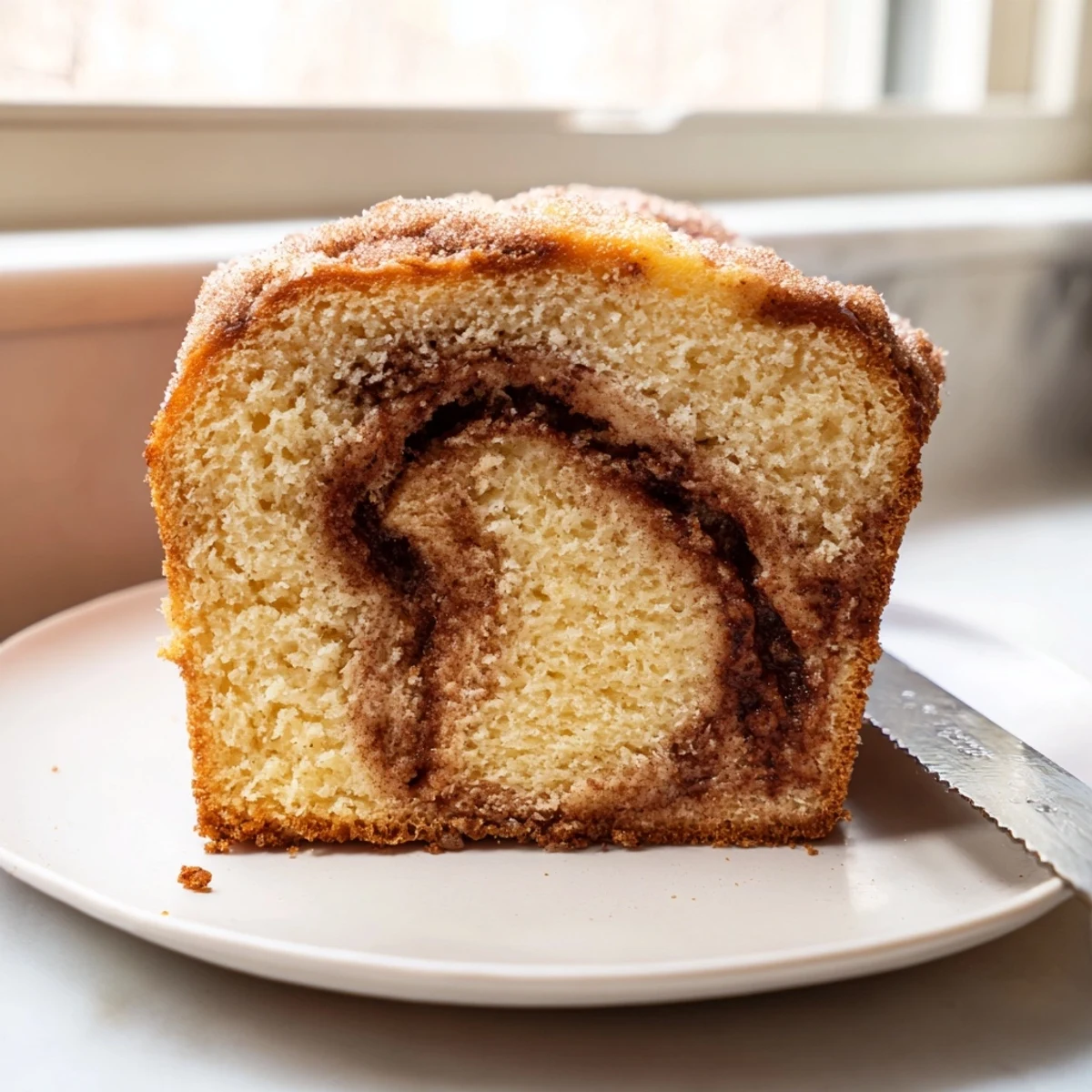 Warm cinnamon donut loaf sliced on a rustic wooden cutting board with crumb topping