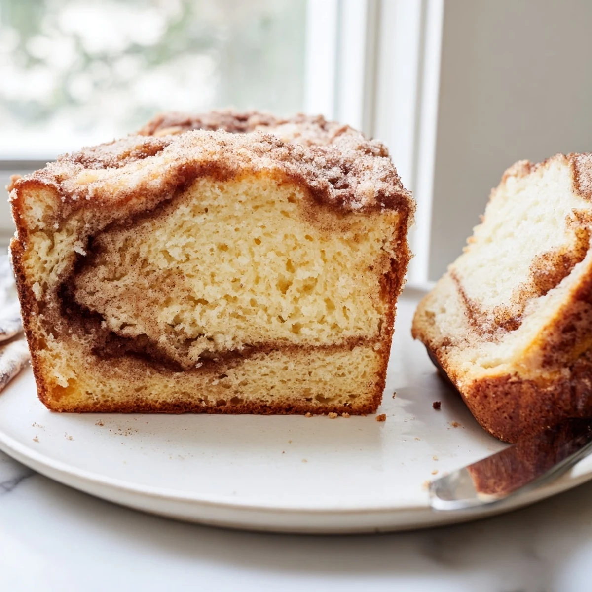 Golden cinnamon donut loaf with a swirled sugar layer fresh from the oven