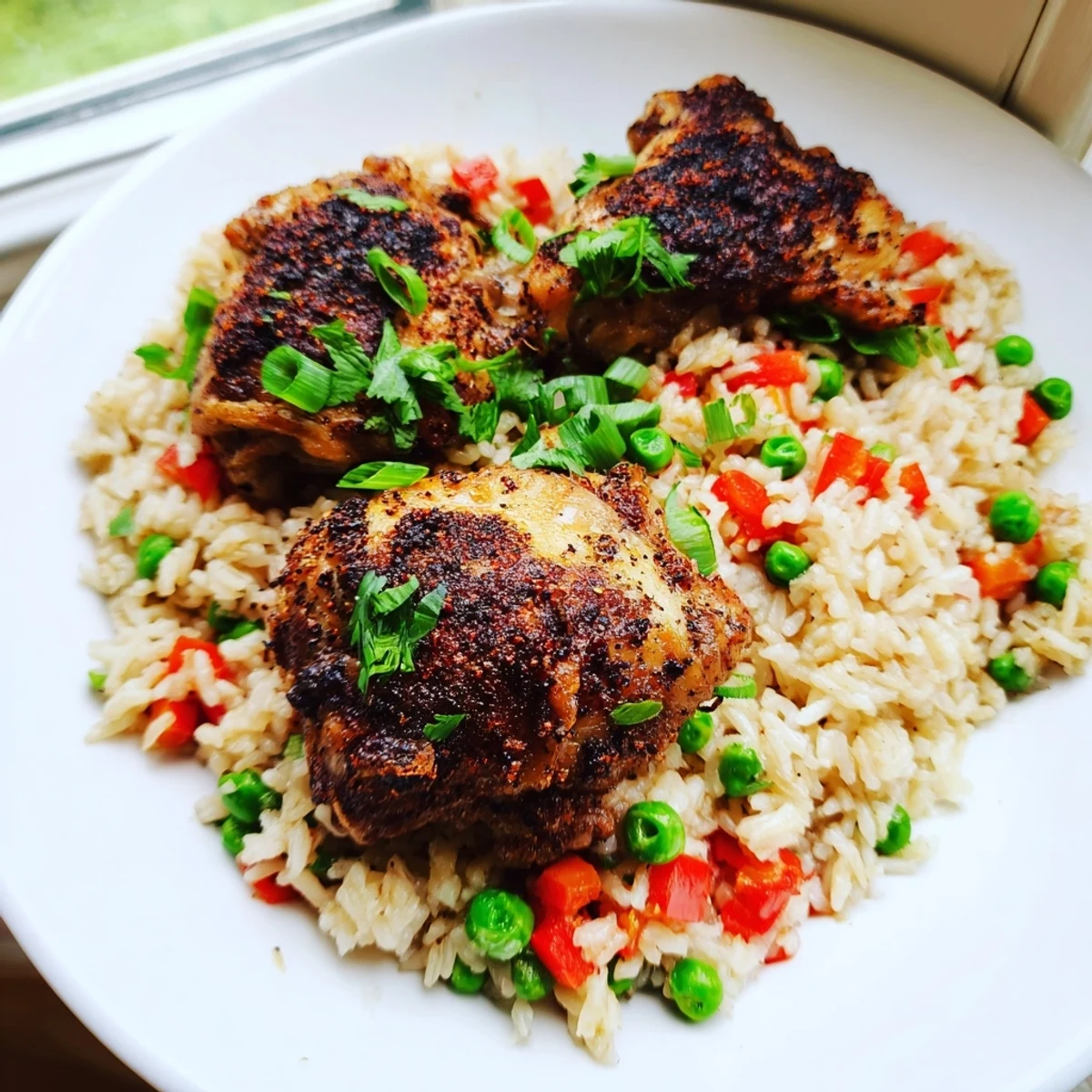 Spicy jerk chicken rice served steaming in a skillet with fresh cilantro garnish