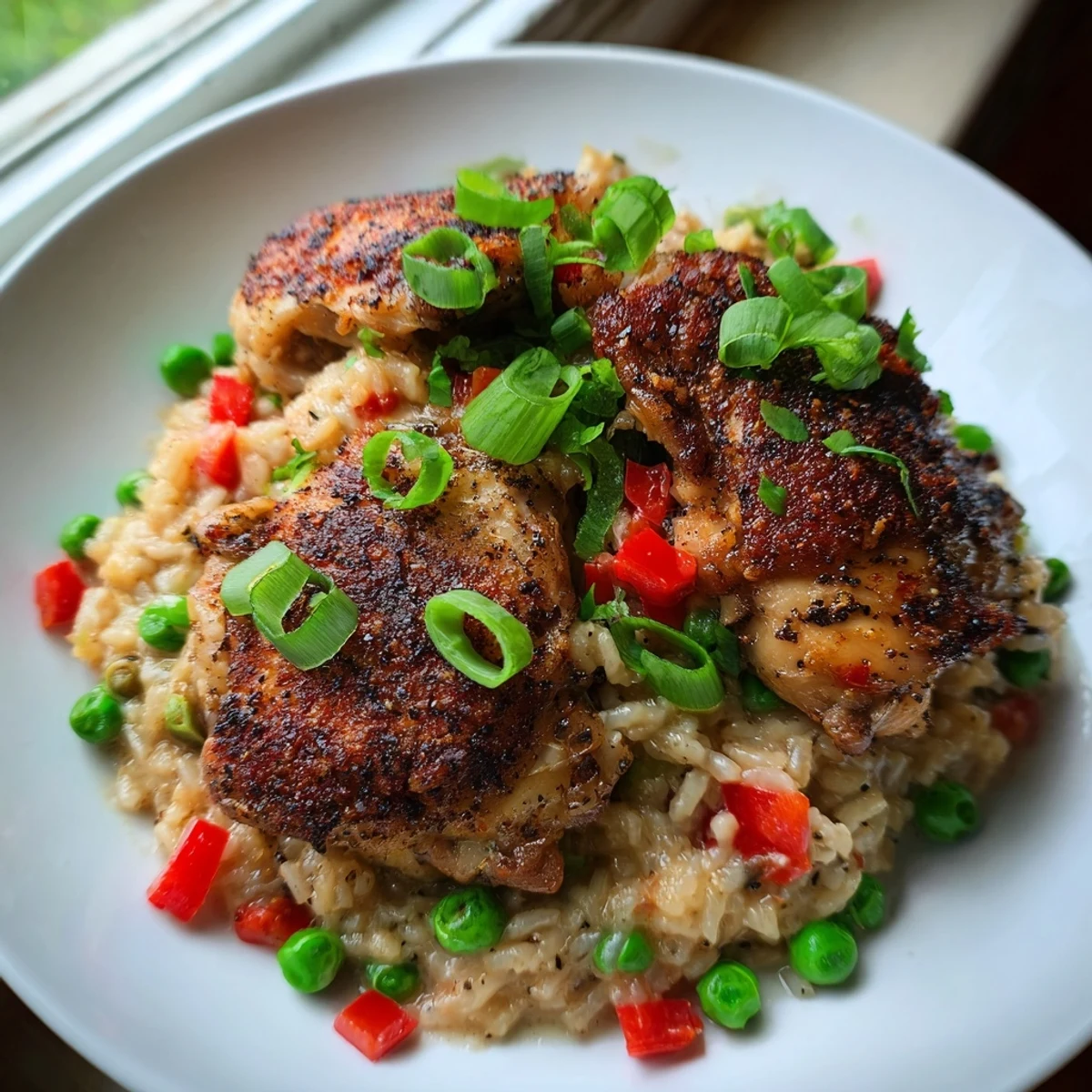 A vibrant bowl of spicy jerk chicken rice topped with spring onions and lime