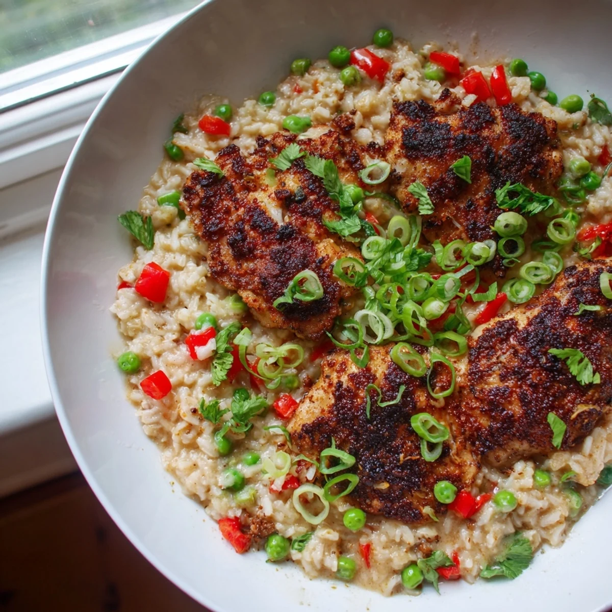 Golden jerk-seasoned chicken thighs nestled in fragrant coconut rice with diced bell peppers