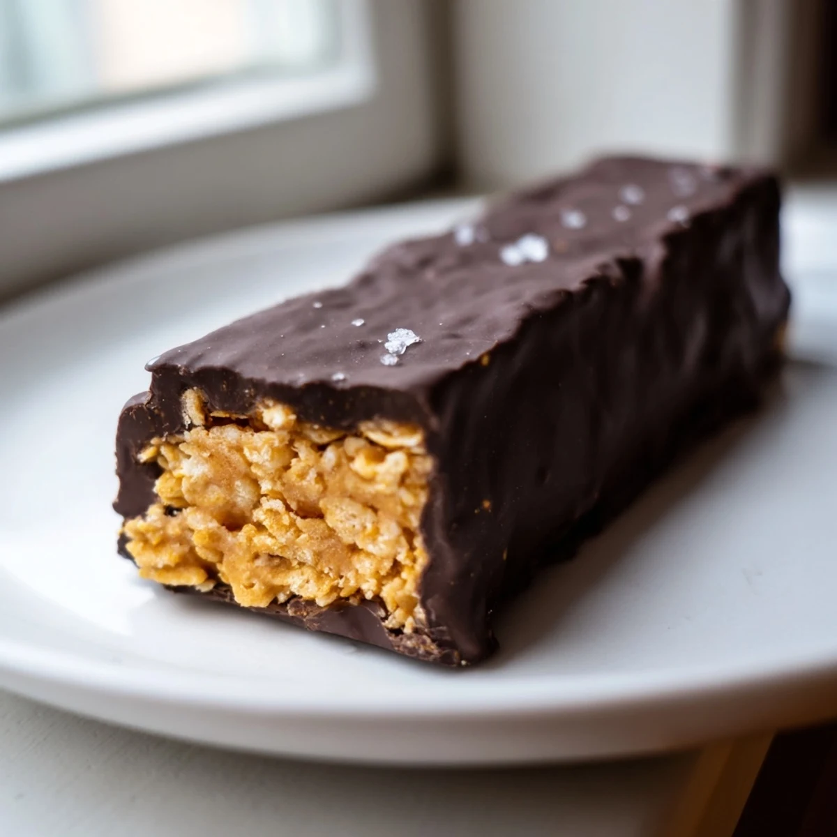 Crunchy healthy homemade Butterfingers bars dipped in glossy dark chocolate on parchment paper