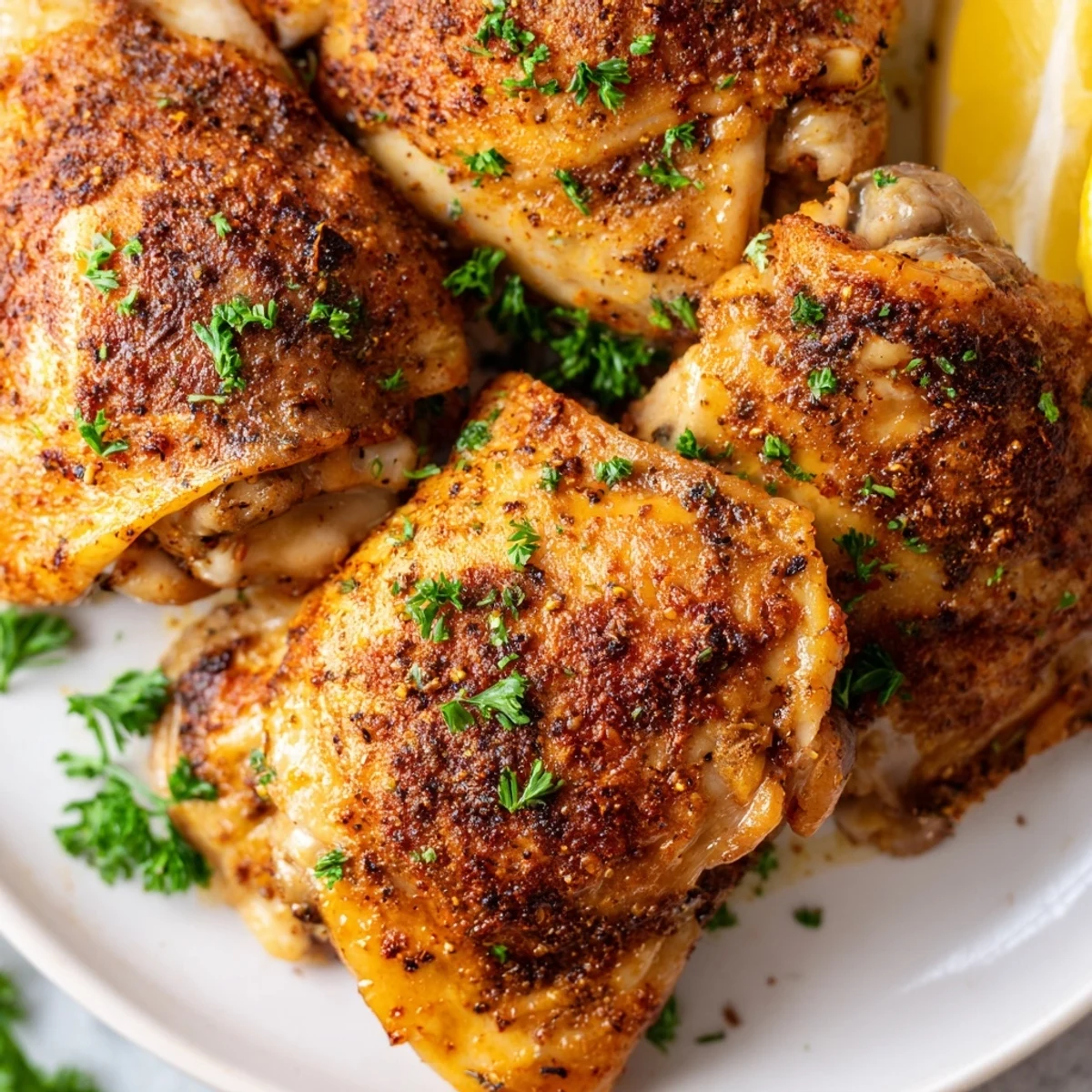 Juicy oven baked chicken thighs with crispy herb-crusted skin on a foil-lined baking sheet