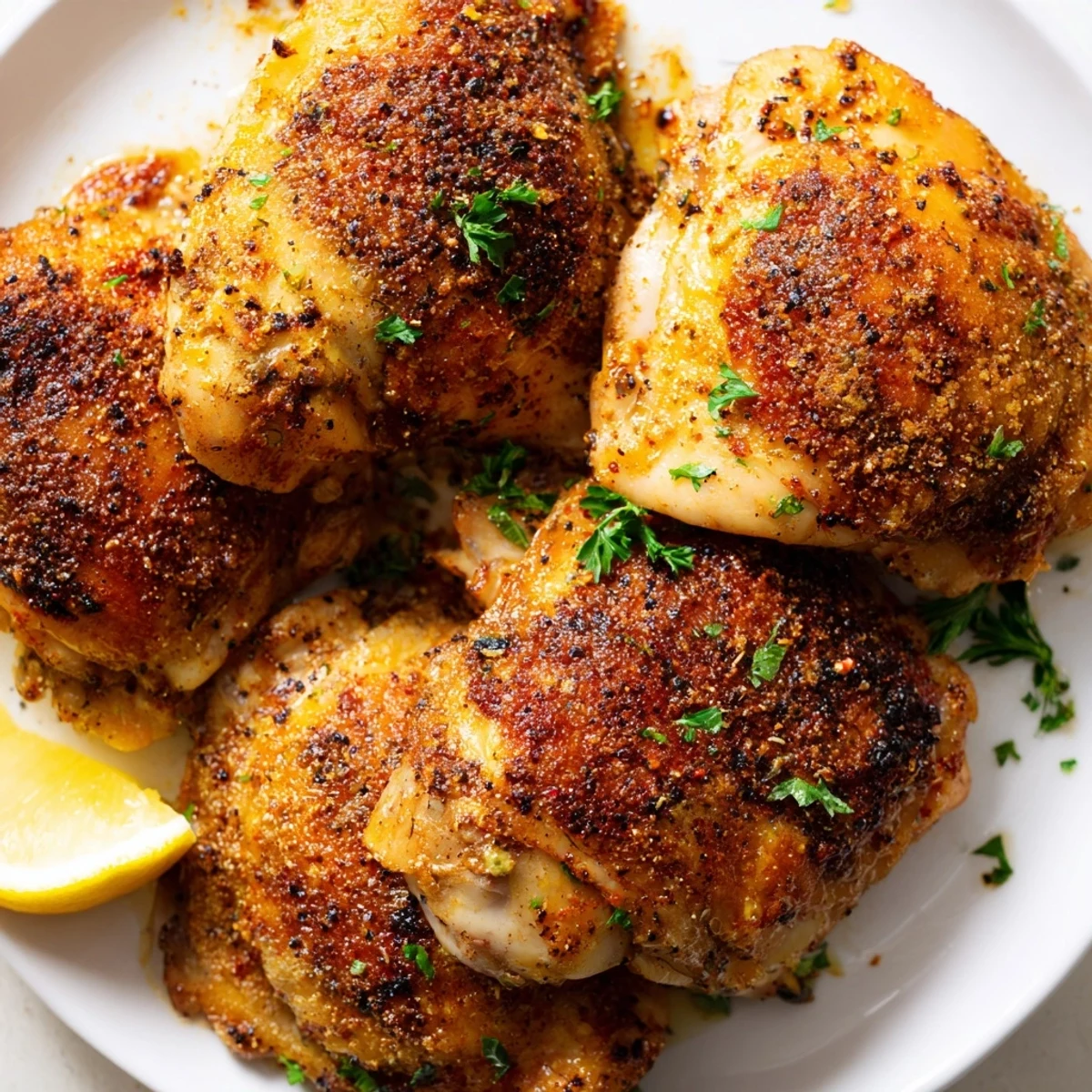 Golden crispy oven baked chicken thighs garnished with fresh parsley and lemon wedges