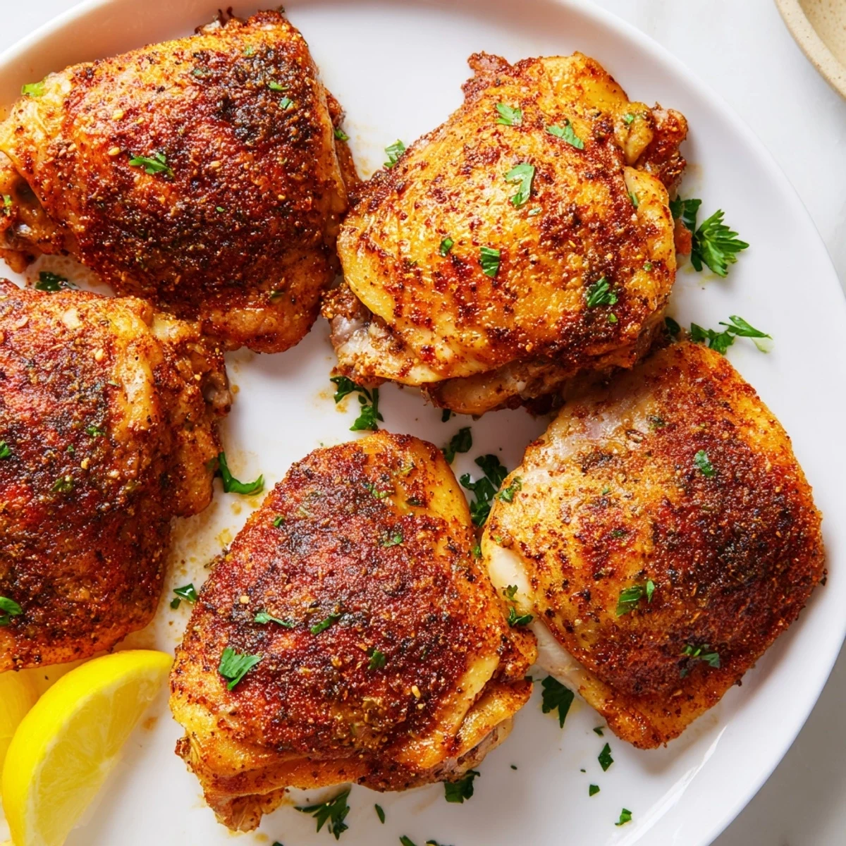 Tender oven baked chicken thighs roasted with smoked paprika and served alongside roasted vegetables